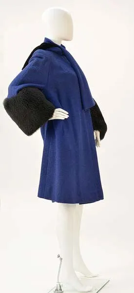 1940s Blue Boucle Wool Coat with Black Lamb Skin Cuffs