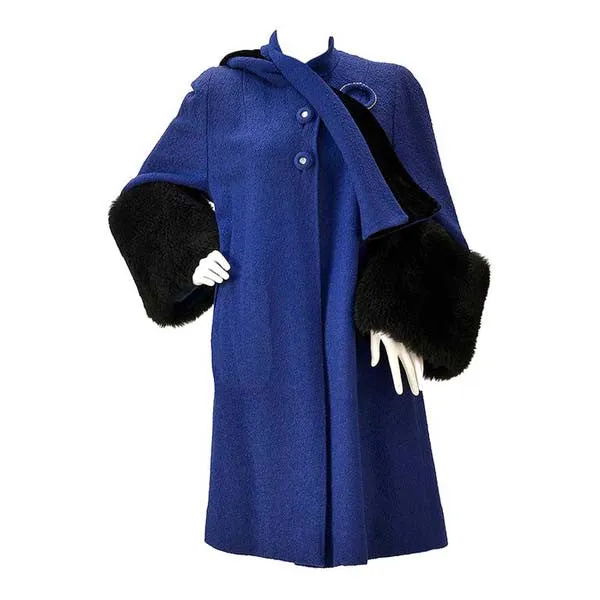 1940s Blue Boucle Wool Coat with Black Lamb Skin Cuffs