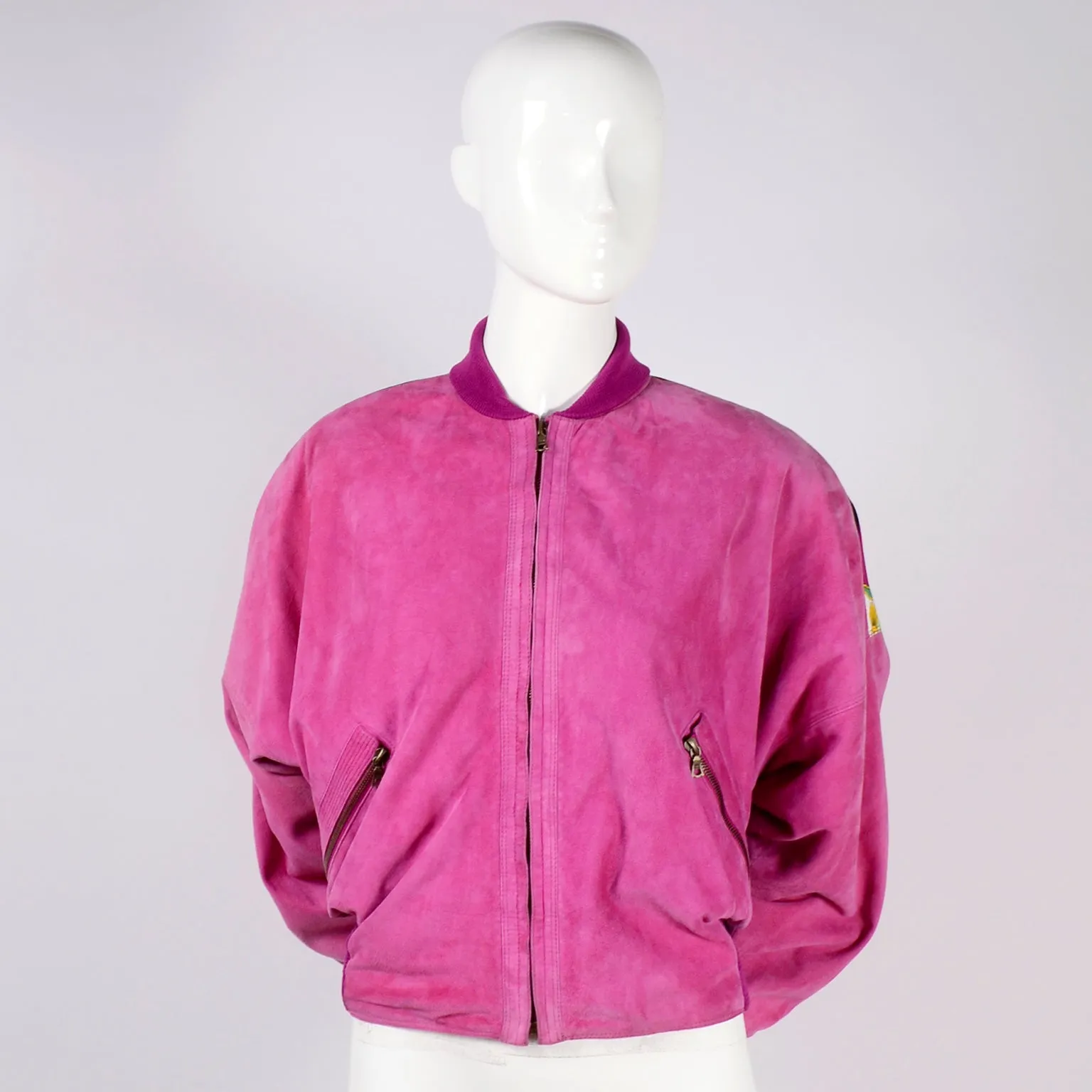 1980s Gianni Versace Reversible Bomber Jacket in Pink Suede Novelty Silk