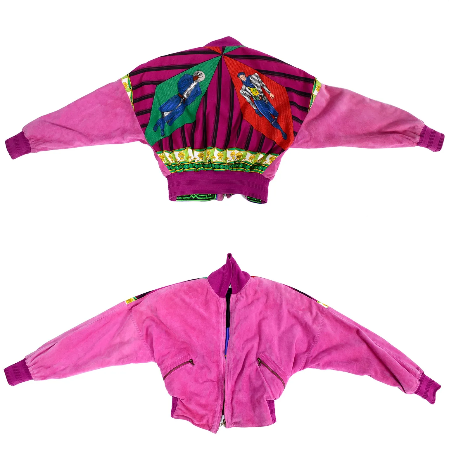 1980s Gianni Versace Reversible Bomber Jacket in Pink Suede Novelty Silk