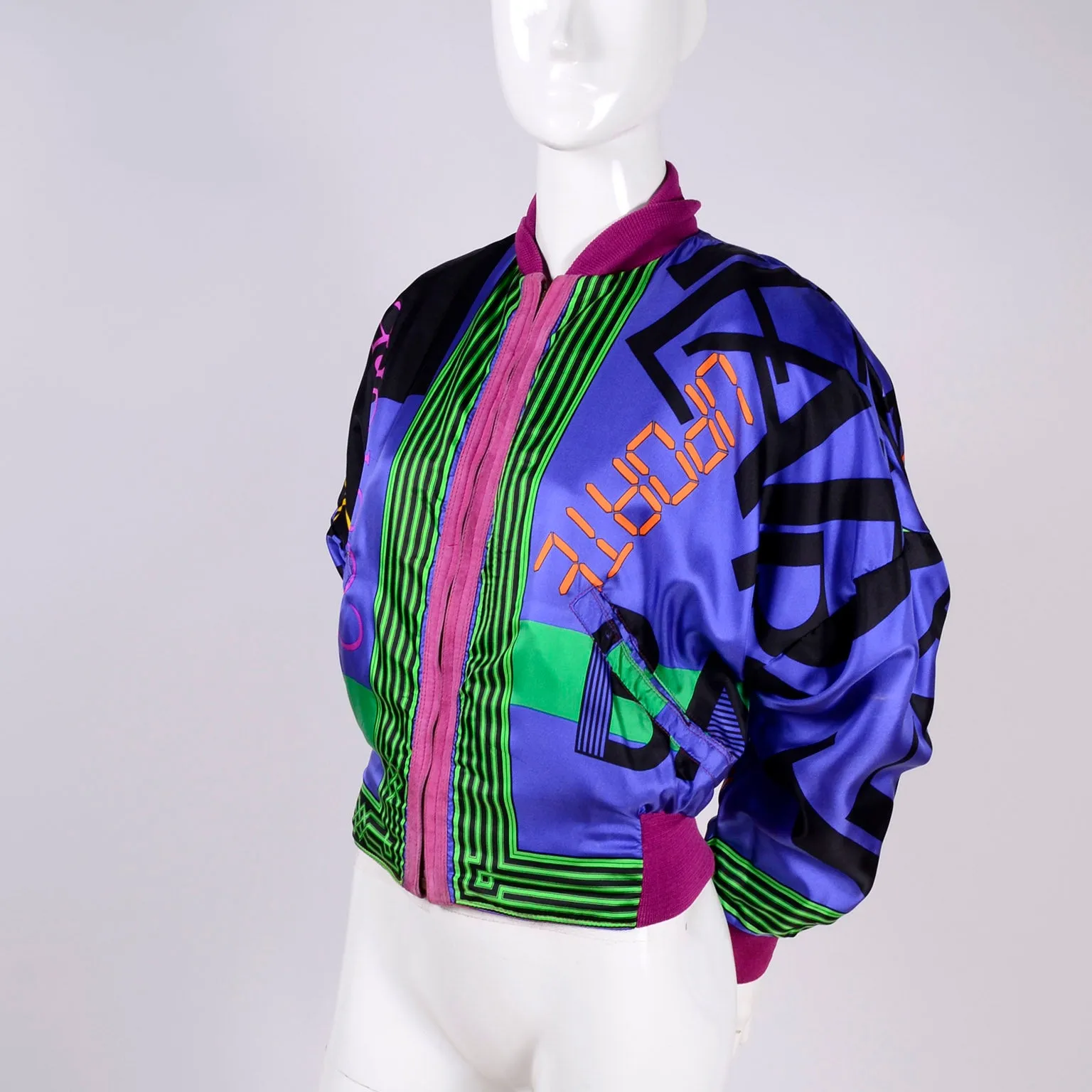 1980s Gianni Versace Reversible Bomber Jacket in Pink Suede Novelty Silk