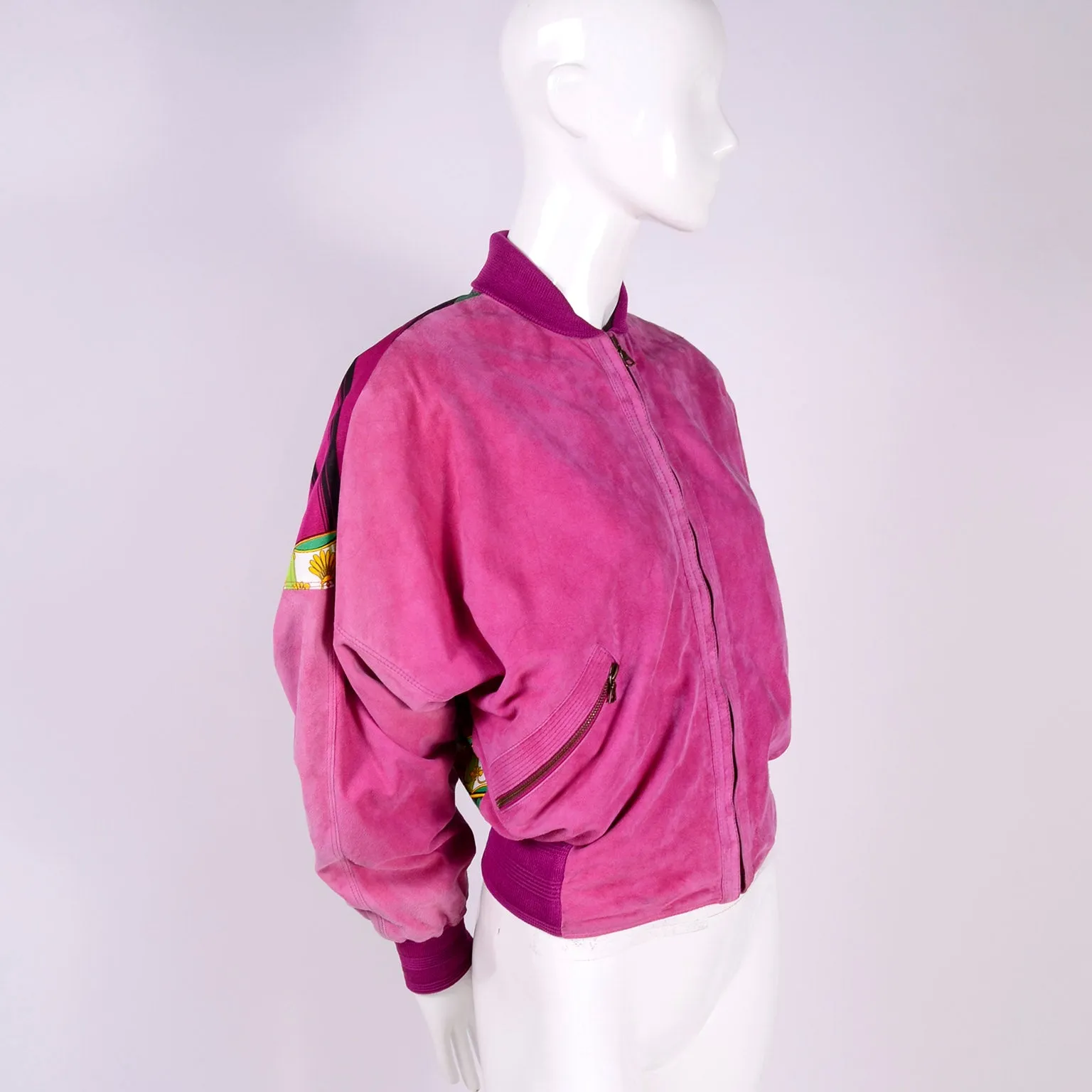 1980s Gianni Versace Reversible Bomber Jacket in Pink Suede Novelty Silk