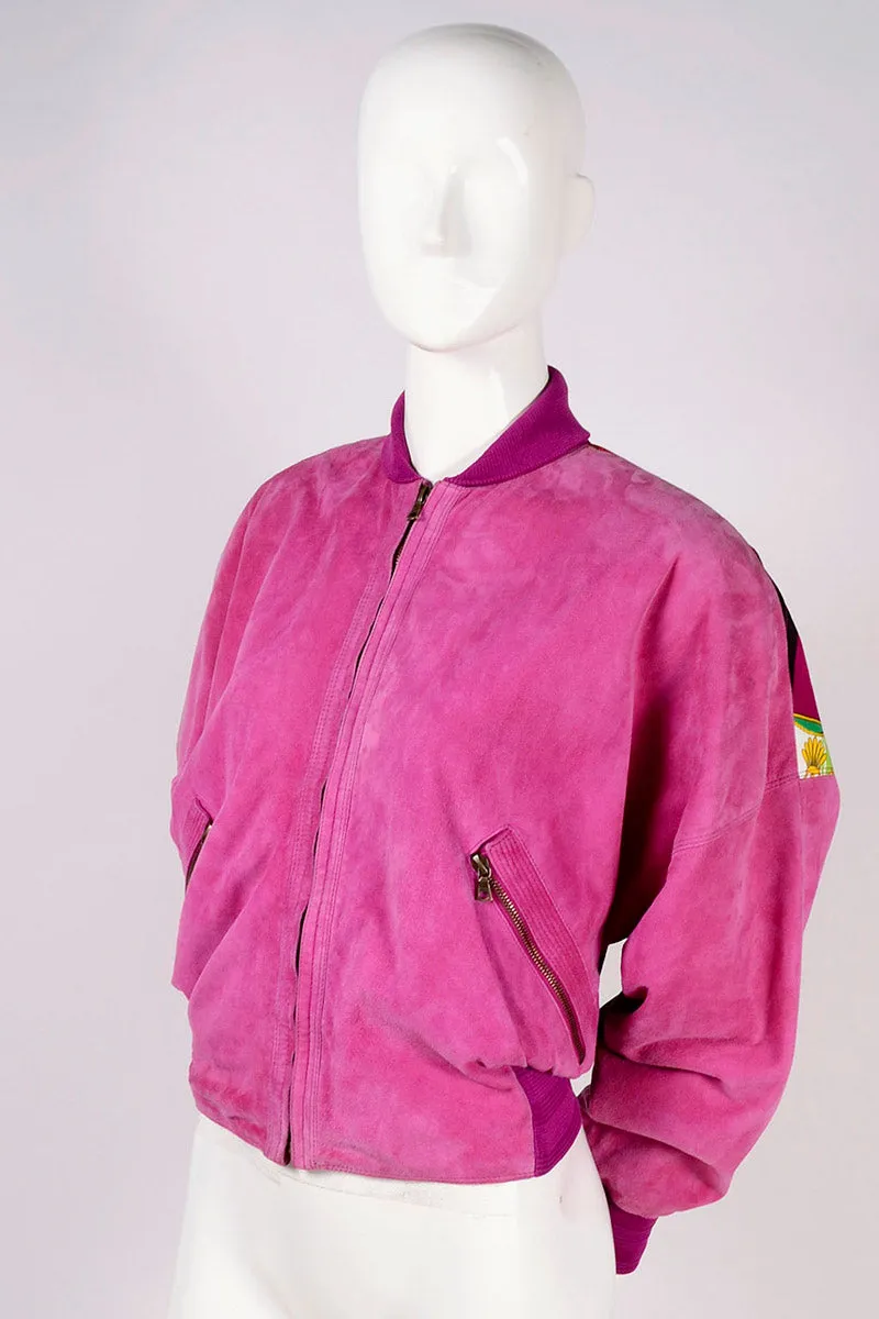 1980s Gianni Versace Reversible Bomber Jacket in Pink Suede Novelty Silk