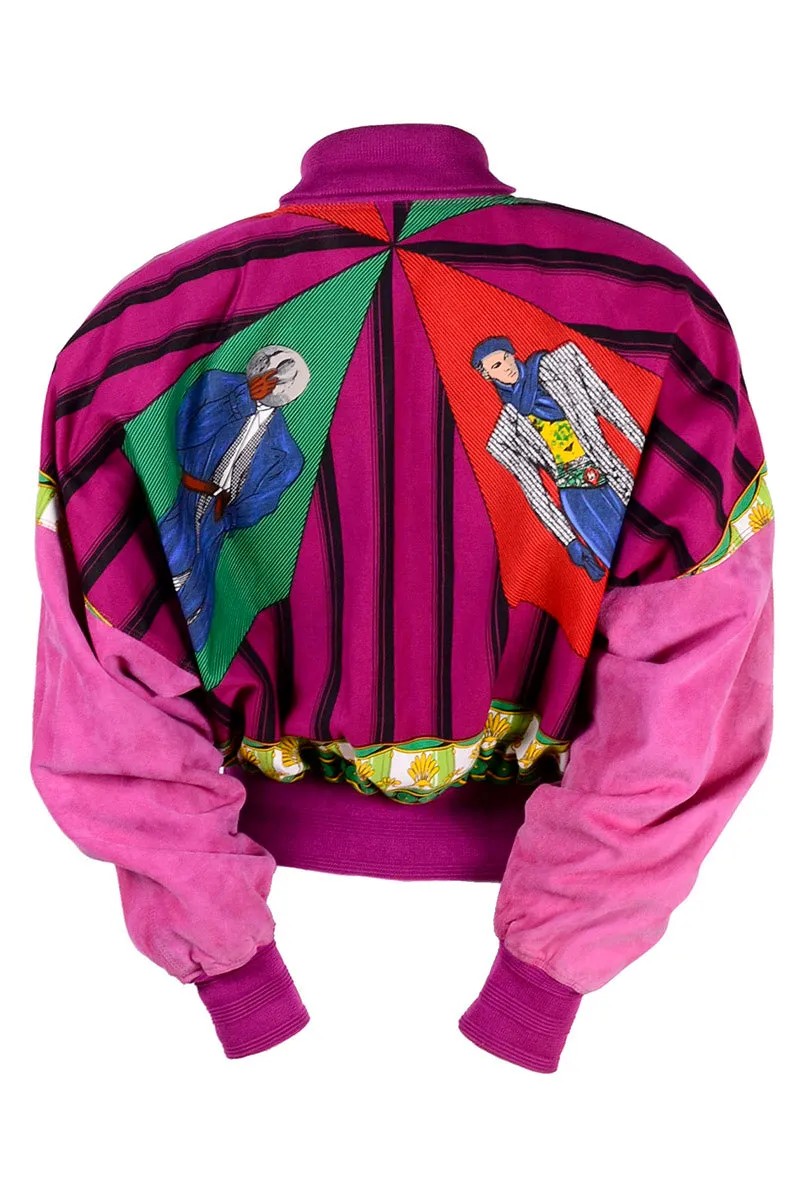 1980s Gianni Versace Reversible Bomber Jacket in Pink Suede Novelty Silk