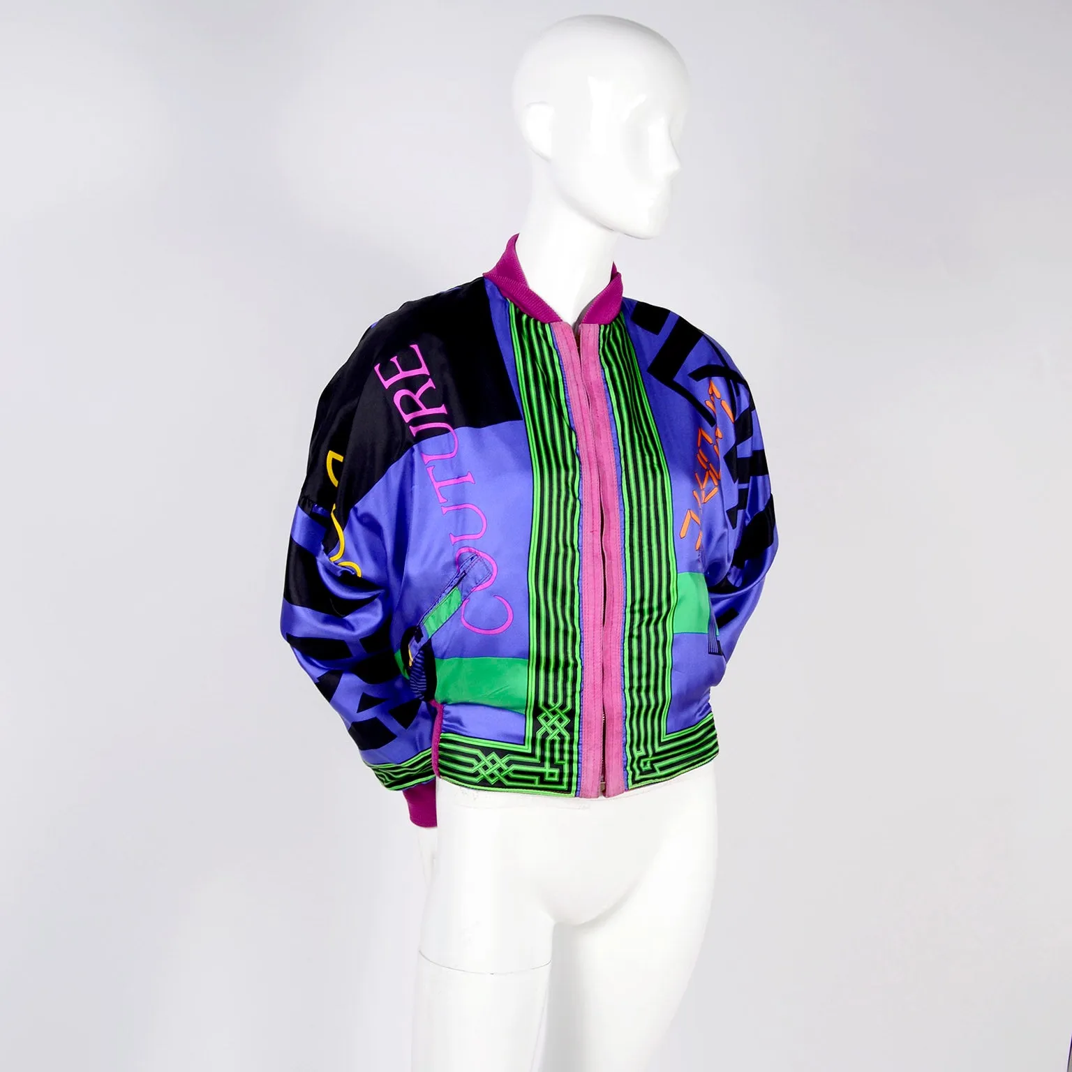 1980s Gianni Versace Reversible Bomber Jacket in Pink Suede Novelty Silk