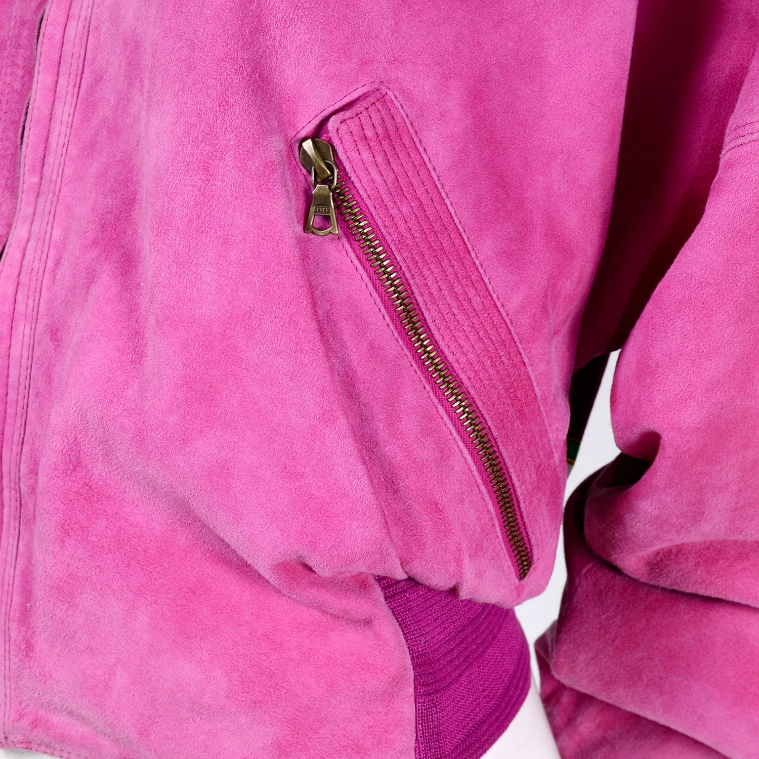 1980s Gianni Versace Reversible Bomber Jacket in Pink Suede Novelty Silk