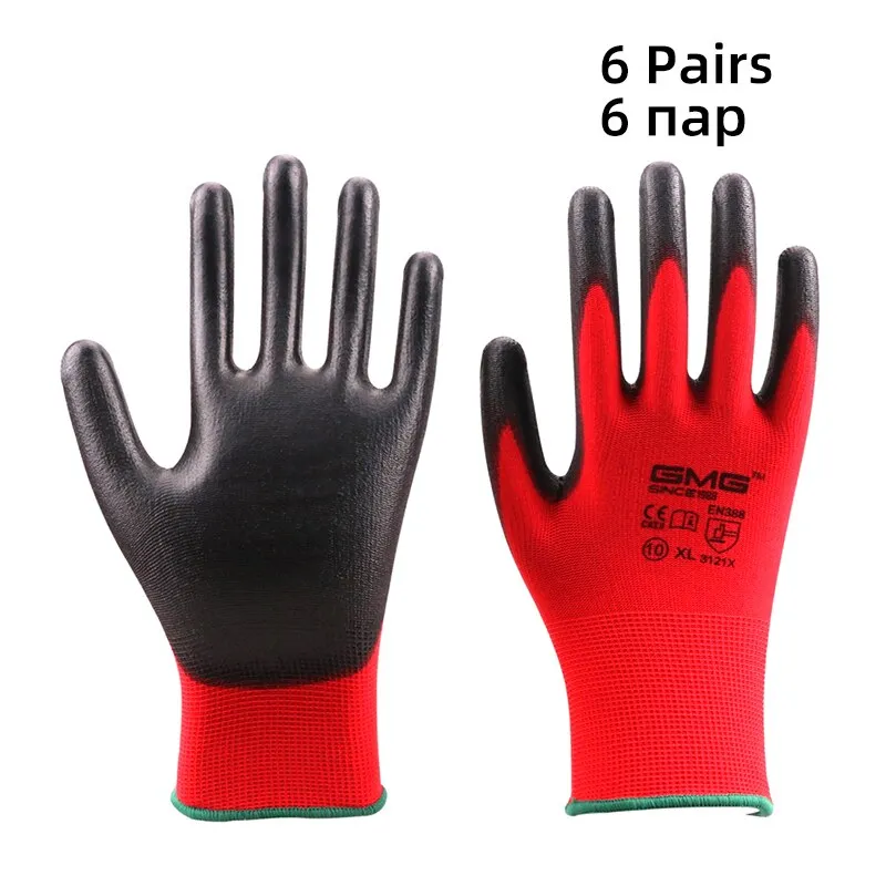 6 Pairs GMG CE EN388 Red Polyester Black PU Work Safety Gloves Garden Construction industry Mechanic Working Gloves