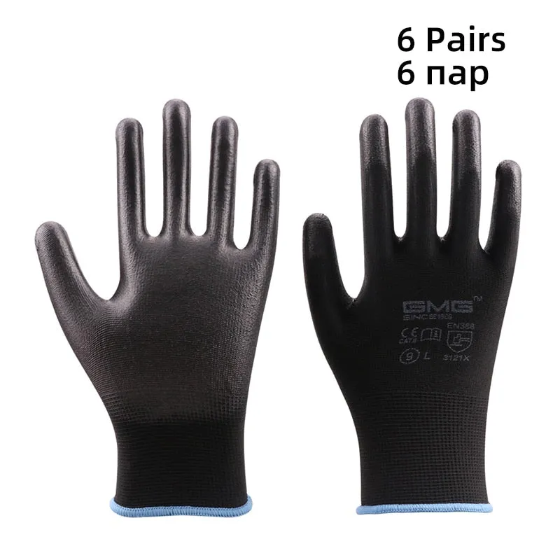 6 Pairs GMG CE EN388 Red Polyester Black PU Work Safety Gloves Garden Construction industry Mechanic Working Gloves