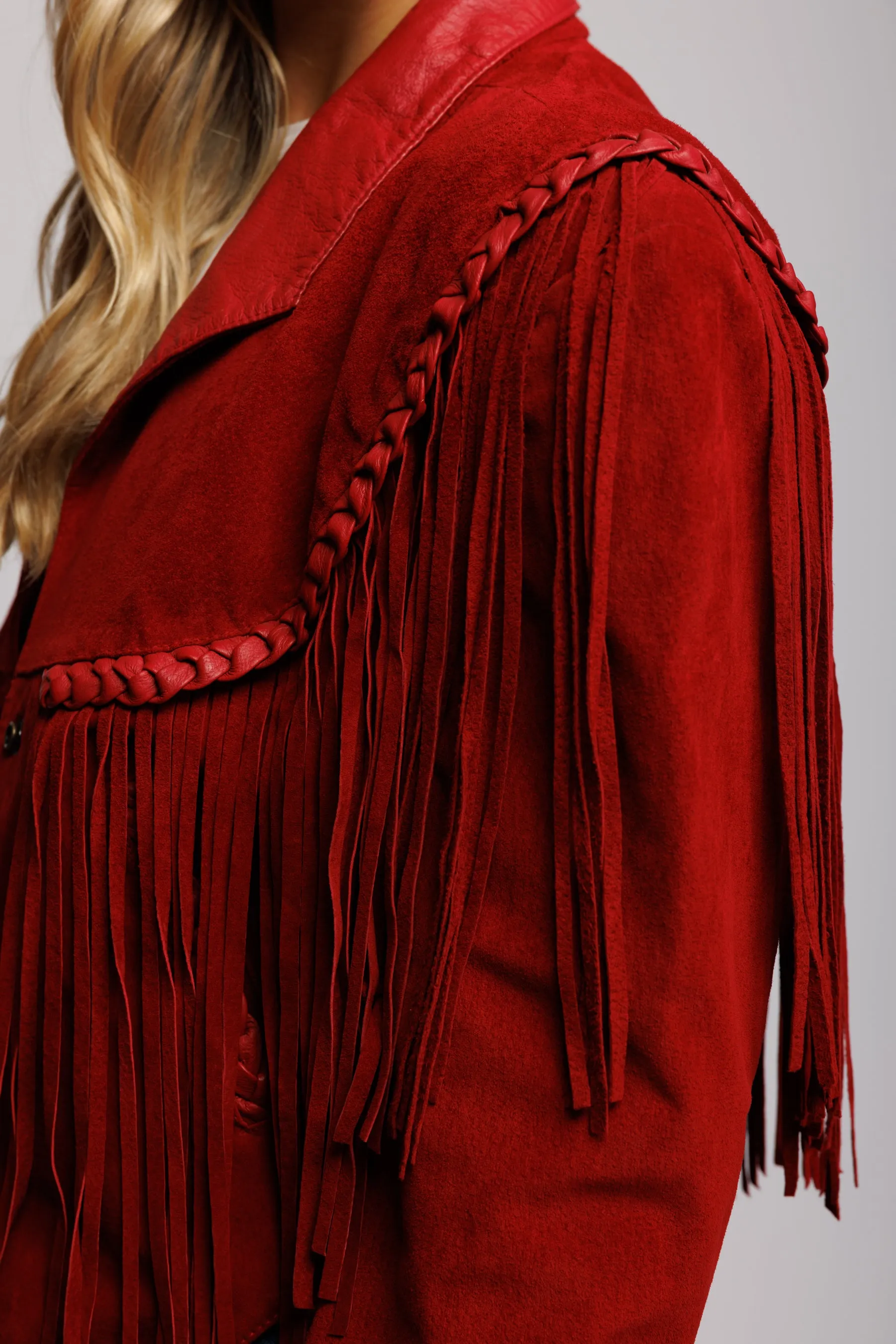 70's Red Suede Fringed Cropped Jacket S/M