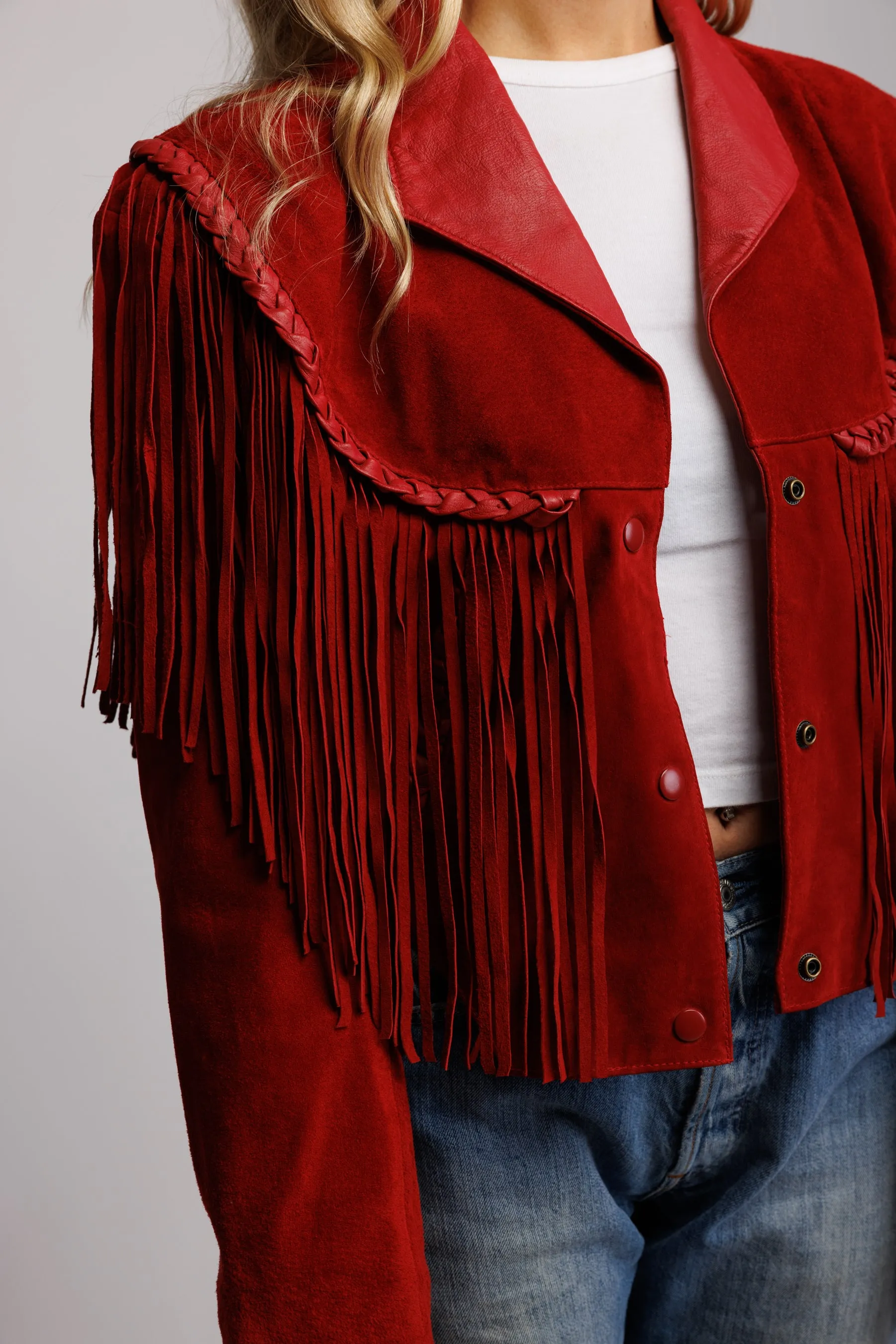 70's Red Suede Fringed Cropped Jacket S/M