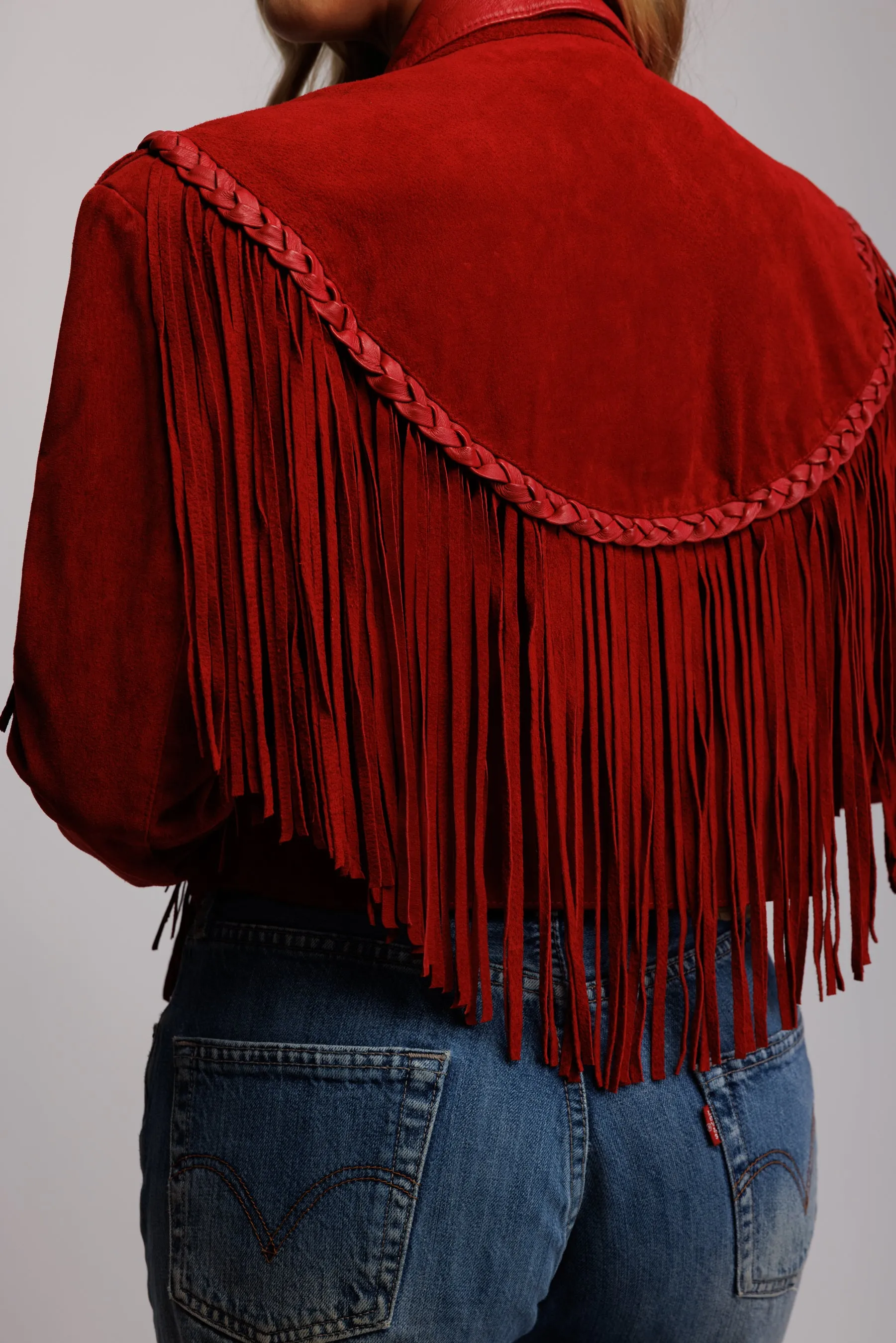 70's Red Suede Fringed Cropped Jacket S/M