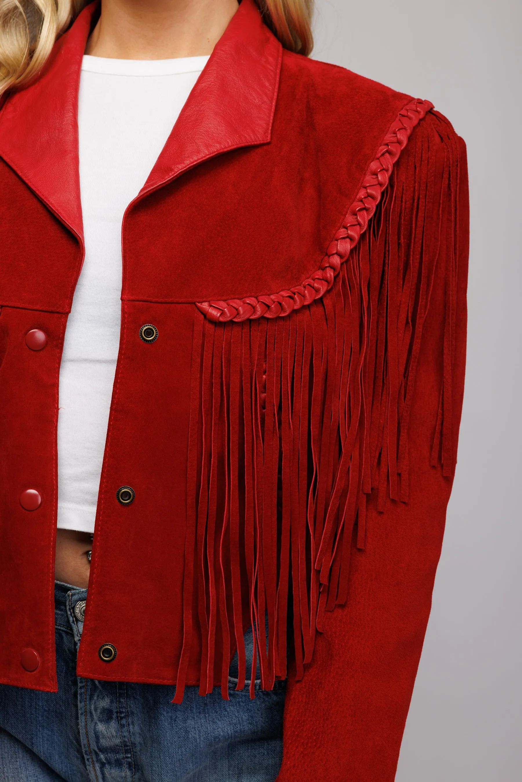 70's Red Suede Fringed Cropped Jacket S/M