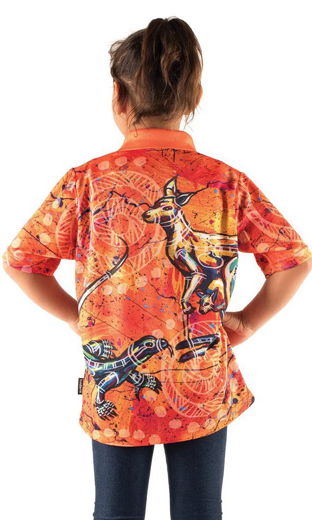 Aboriginal Art Kids Unisex Polo Kangaroo & Goanna Dreaming