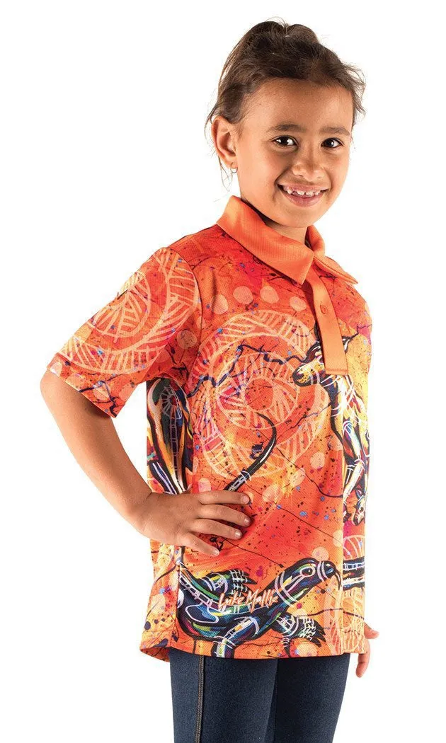 Aboriginal Art Kids Unisex Polo Kangaroo & Goanna Dreaming