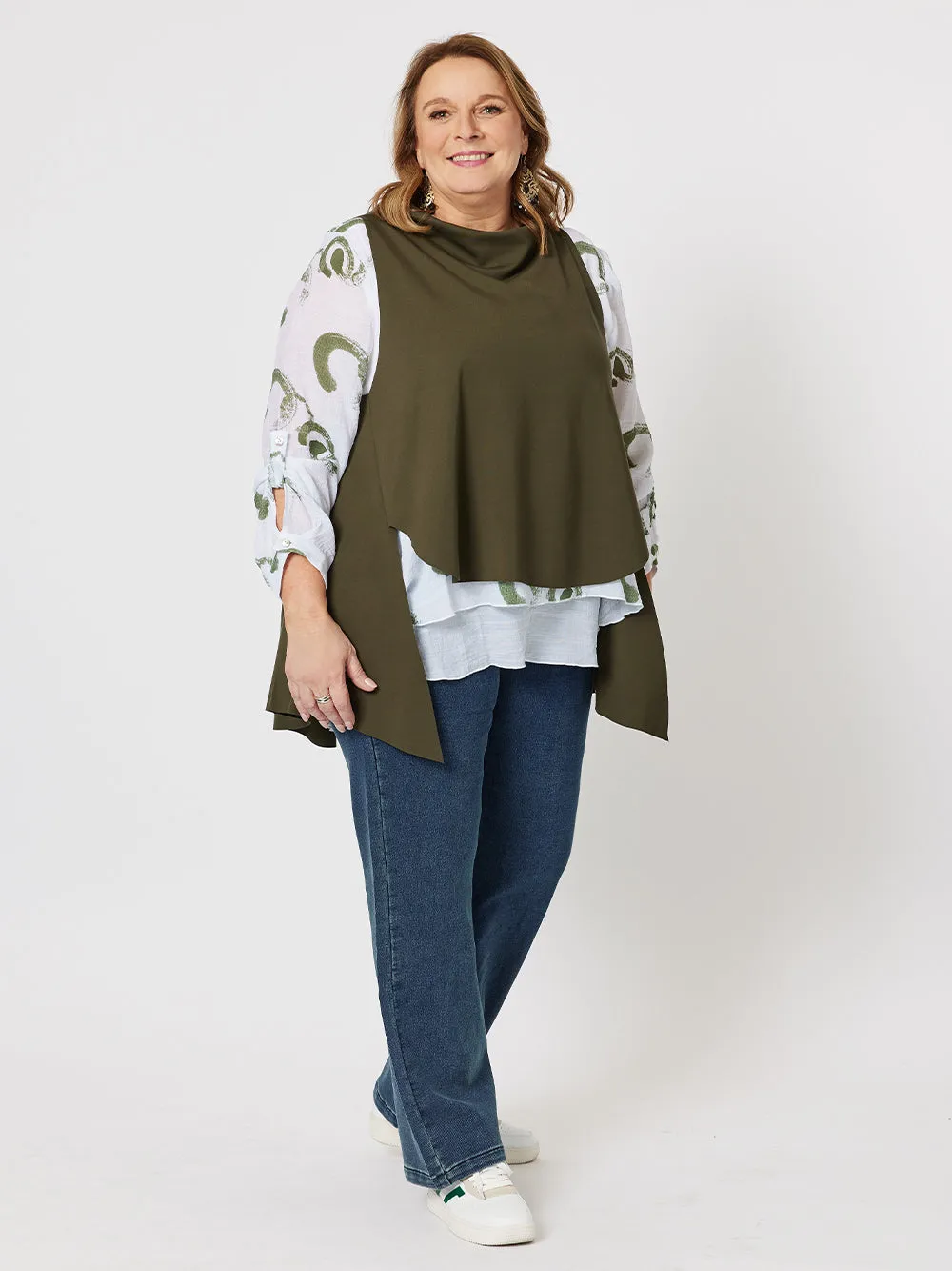 Abstract Print Layered Tunic - Khaki