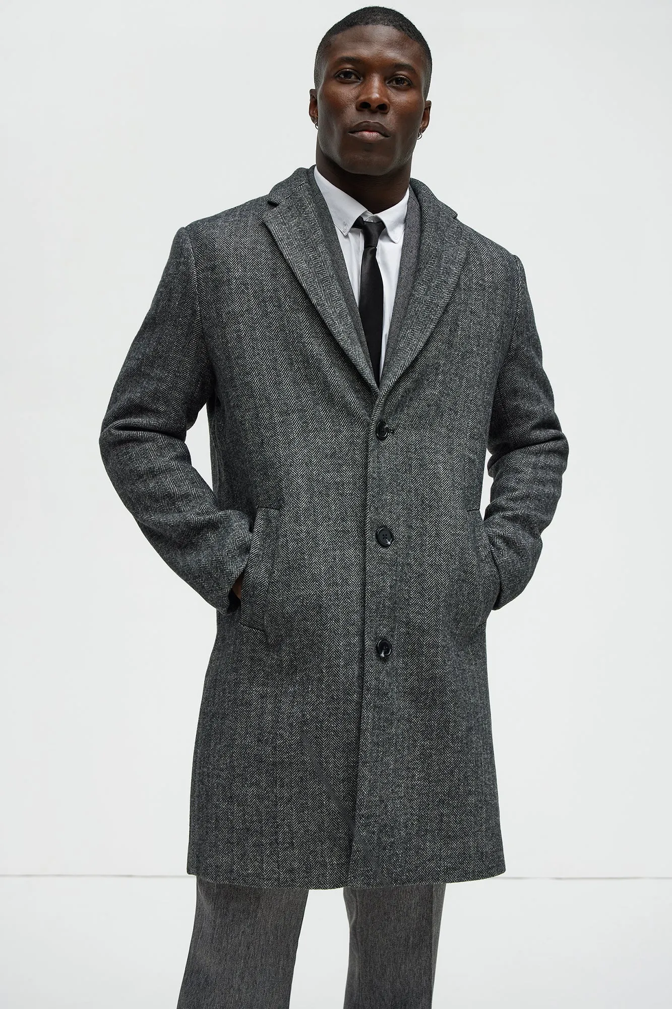 Acorn Herringbone Long Coat - Charcoal