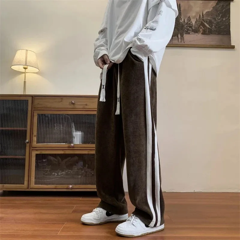 Aidase Loose Coffee Corduroy Pants Men Women Drawstring Striped Wide Leg Pants Autumn Casual Easy Care Anti-wrinkle Mopping Trousers