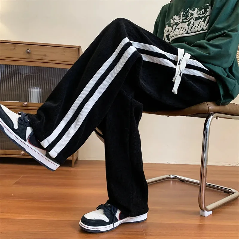 Aidase Loose Coffee Corduroy Pants Men Women Drawstring Striped Wide Leg Pants Autumn Casual Easy Care Anti-wrinkle Mopping Trousers