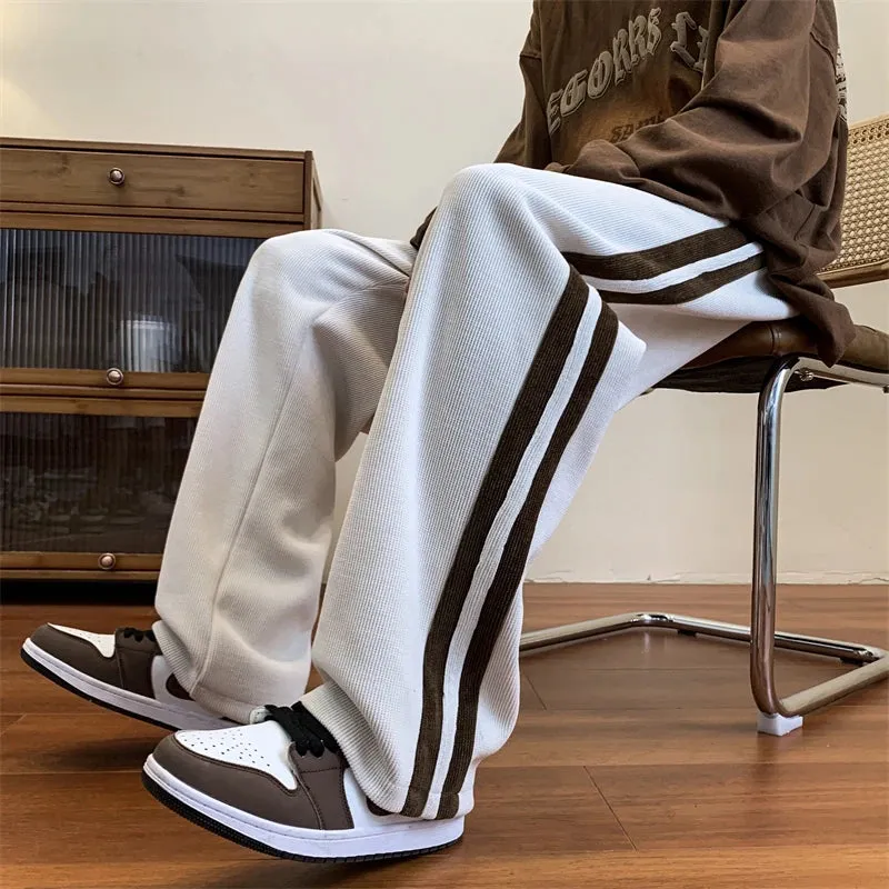 Aidase Loose Coffee Corduroy Pants Men Women Drawstring Striped Wide Leg Pants Autumn Casual Easy Care Anti-wrinkle Mopping Trousers