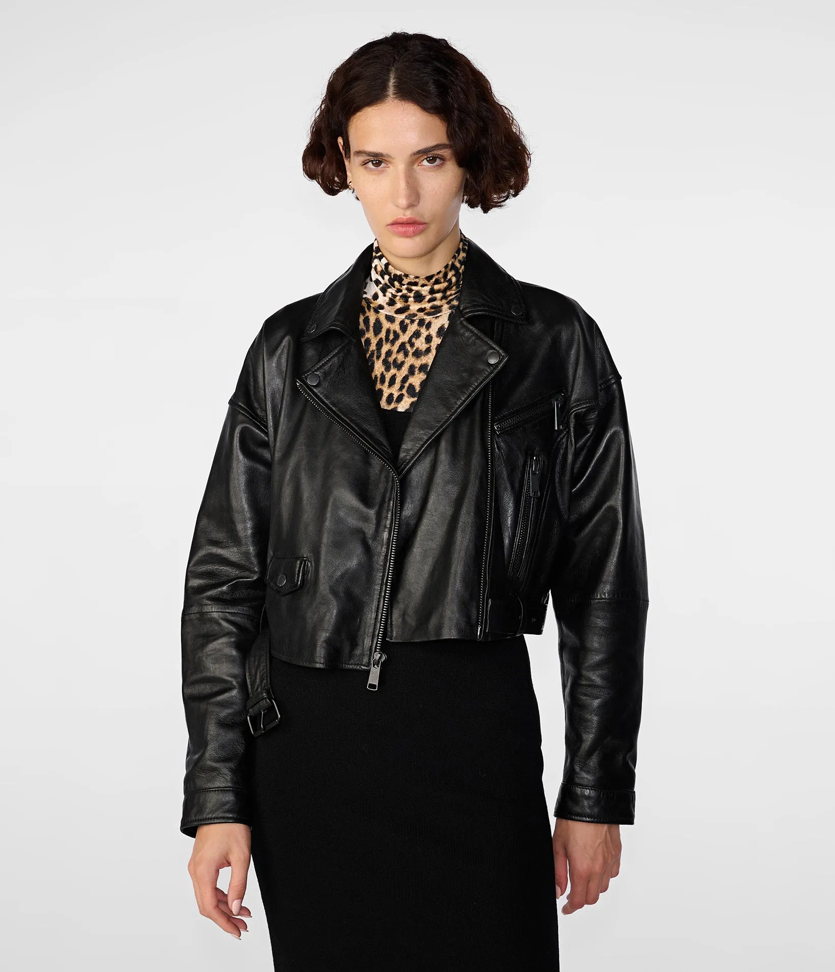 Amelia Leather Oversized Cropped Moto Jacket