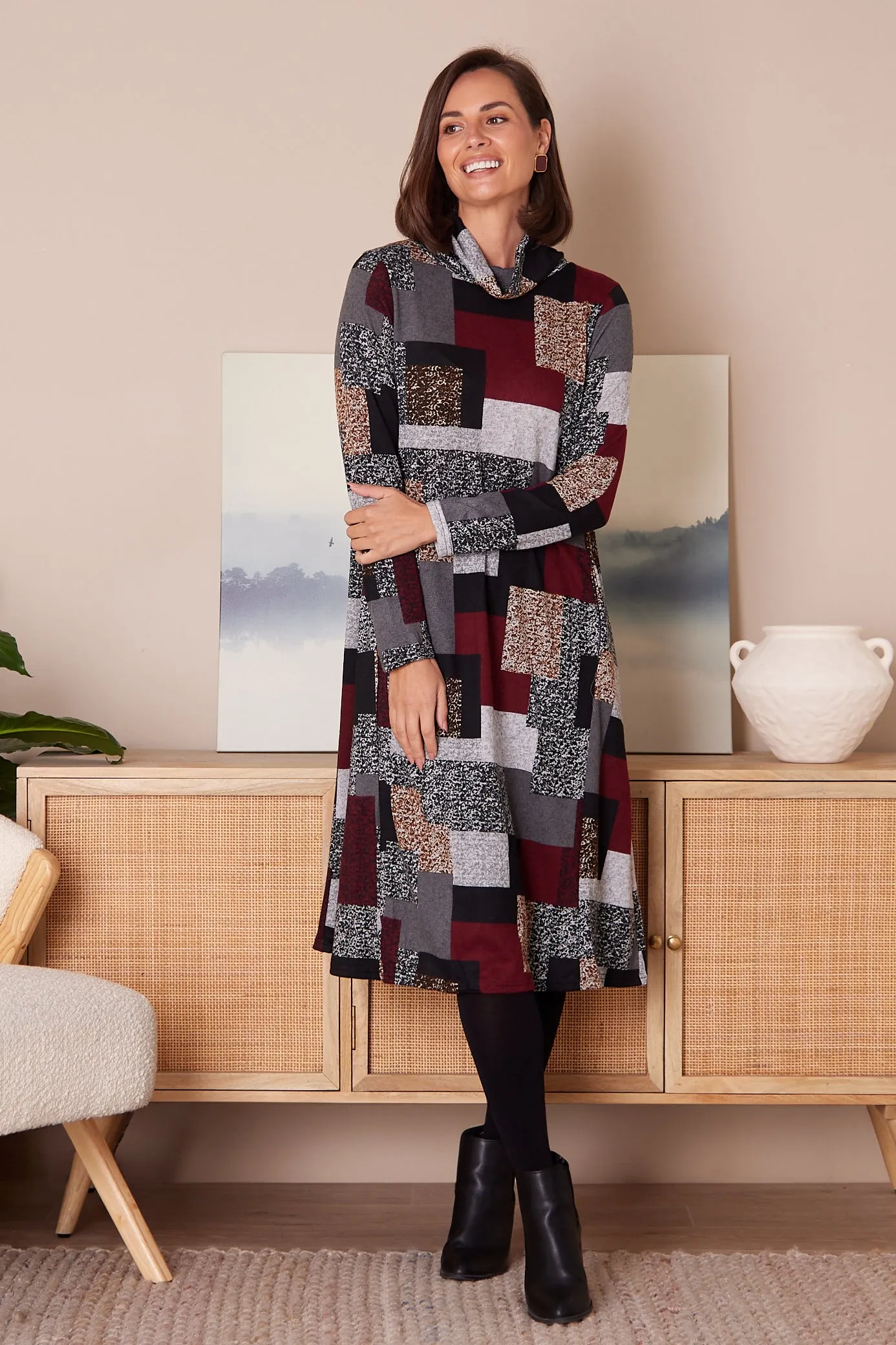 Astrid Tunic Dress - Burgundy/Grey/Black