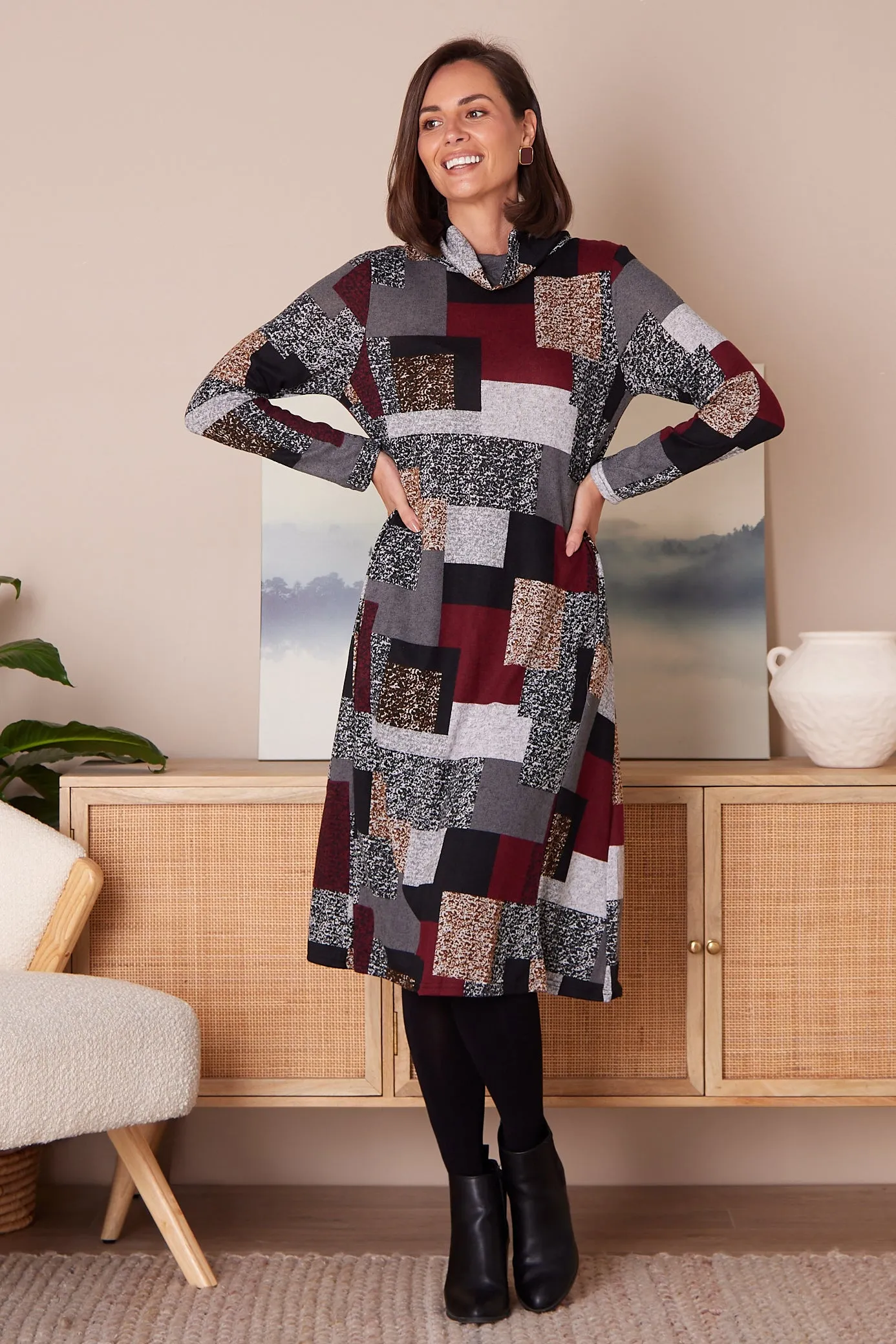 Astrid Tunic Dress - Burgundy/Grey/Black