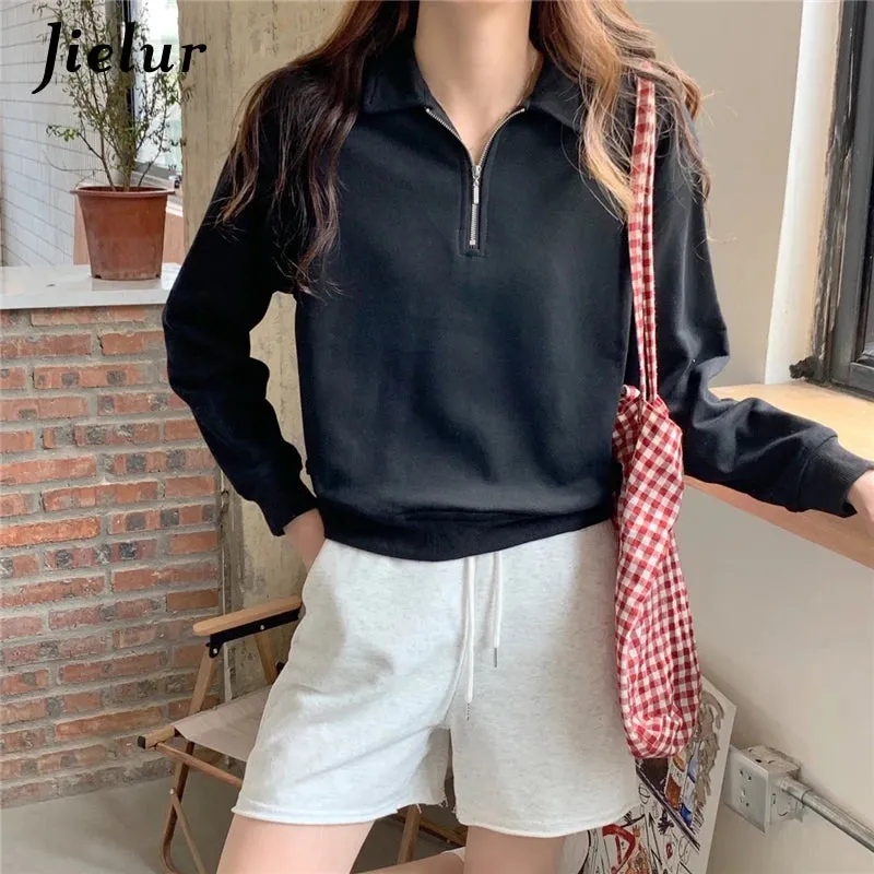 Autumn Long-sleeved Polo Collar Sweatshirts Women New Zipper Solid Color Basic Tops Female Elegant Apricot Pullovers M-XL