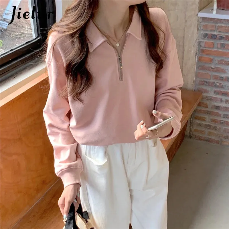 Autumn Long-sleeved Polo Collar Sweatshirts Women New Zipper Solid Color Basic Tops Female Elegant Apricot Pullovers M-XL