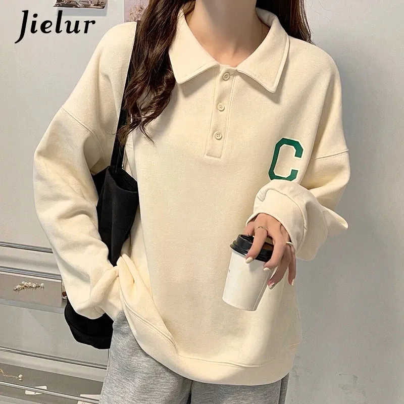 Autumn Polo Women Hoodies Korean Fashion Streetwear Casual Loose Cool Buttons Letter Print Gray White Black Sweatshirt