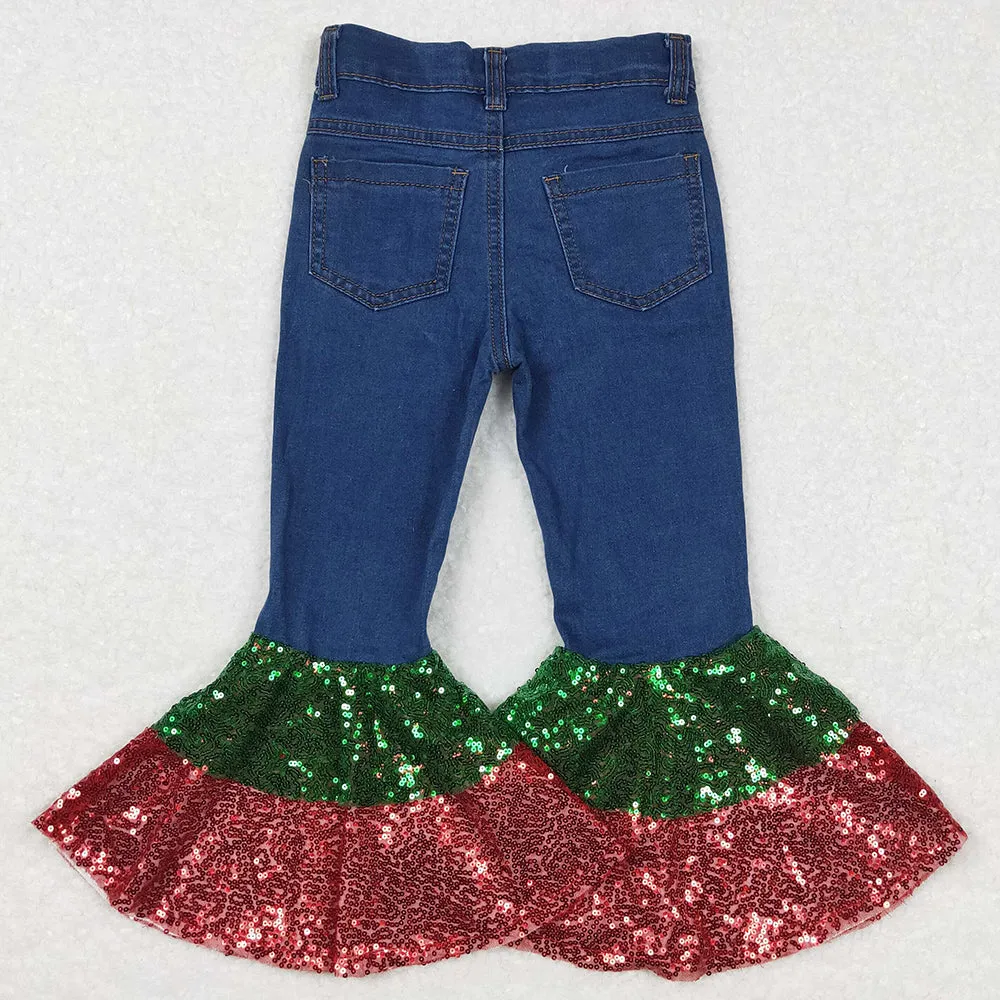 Baby Girls Jeans Christmas Denim Sequin Bell Bottom Pants P0113