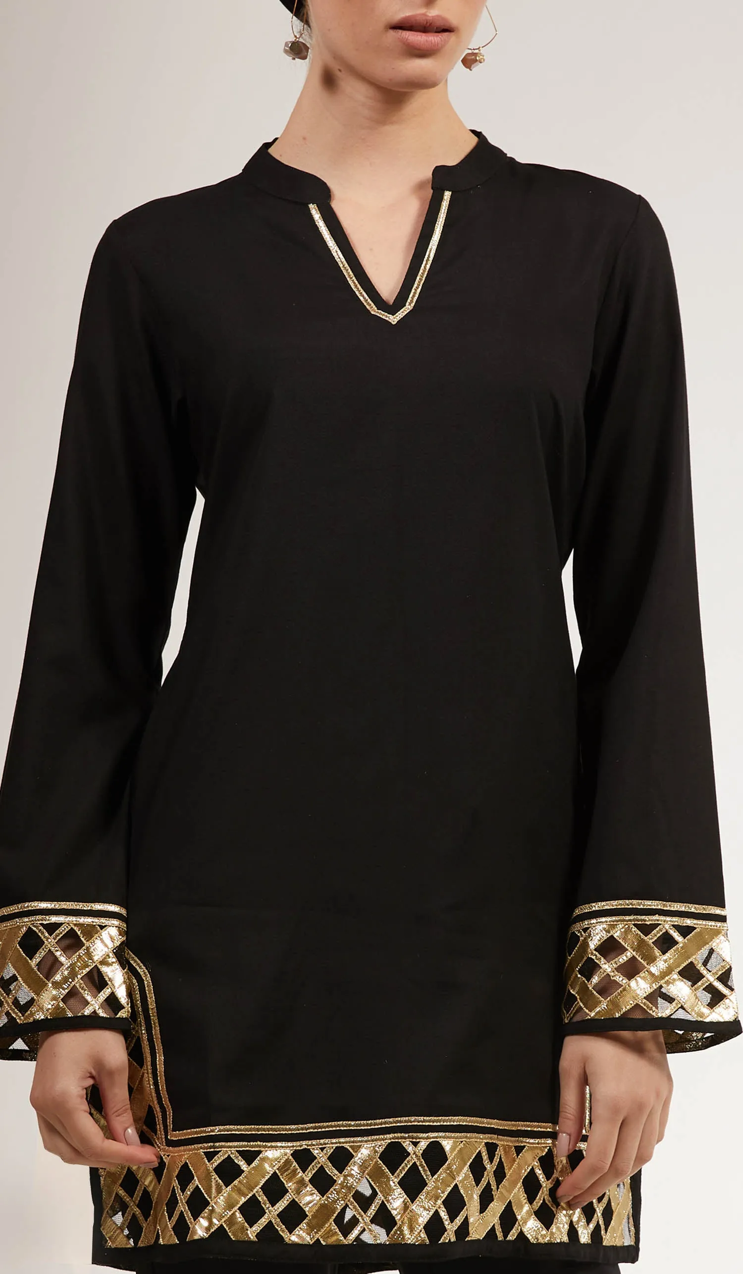 Behnaz Gold Embellished Long Modest Tunic - Black