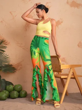 BELANGE HANDMADE X SHEIN - Elastic Waist Split Hem Ruffle Edge Flare Pants- Available on SHEIN.COM Only