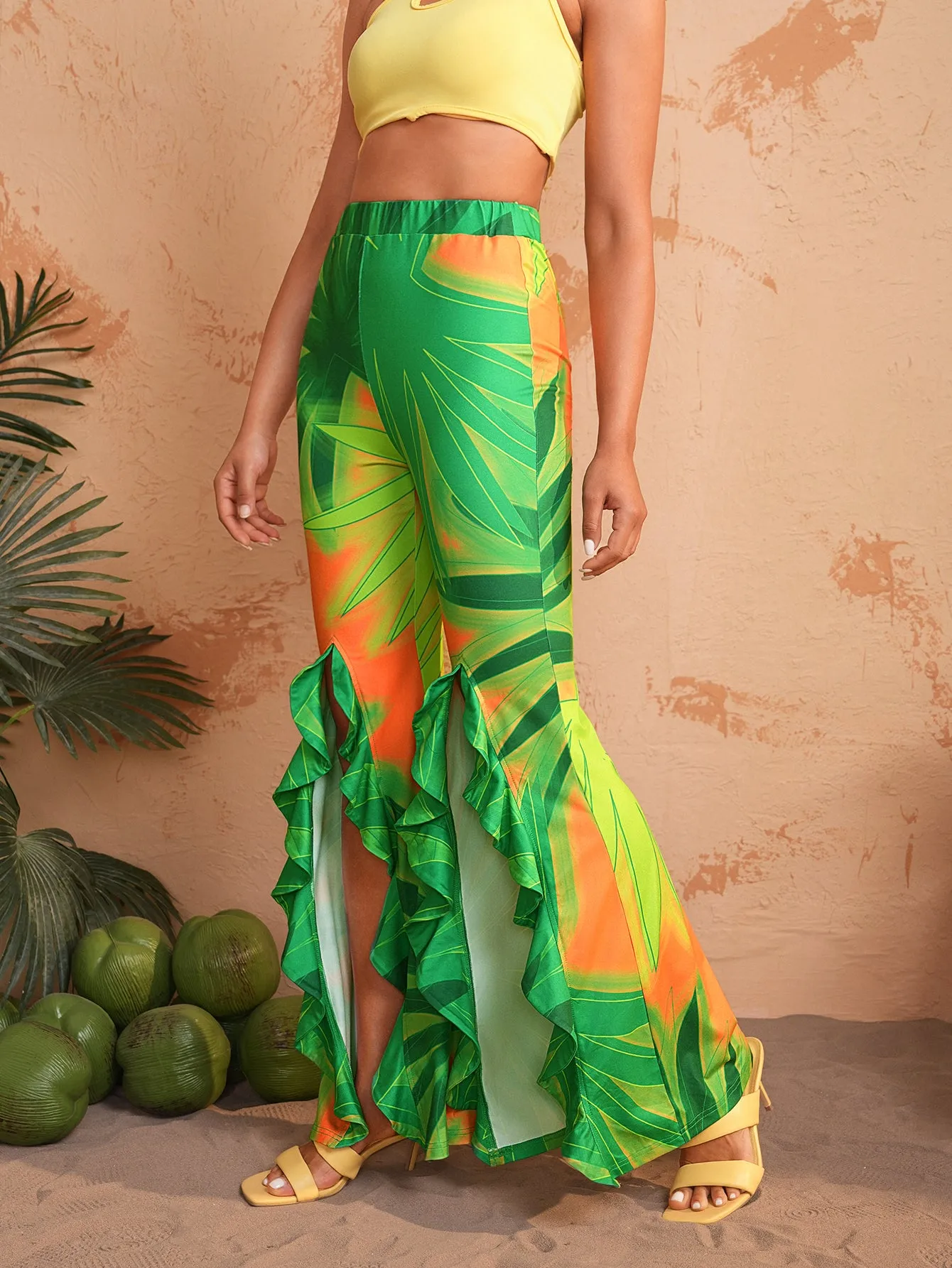 BELANGE HANDMADE X SHEIN - Elastic Waist Split Hem Ruffle Edge Flare Pants- Available on SHEIN.COM Only