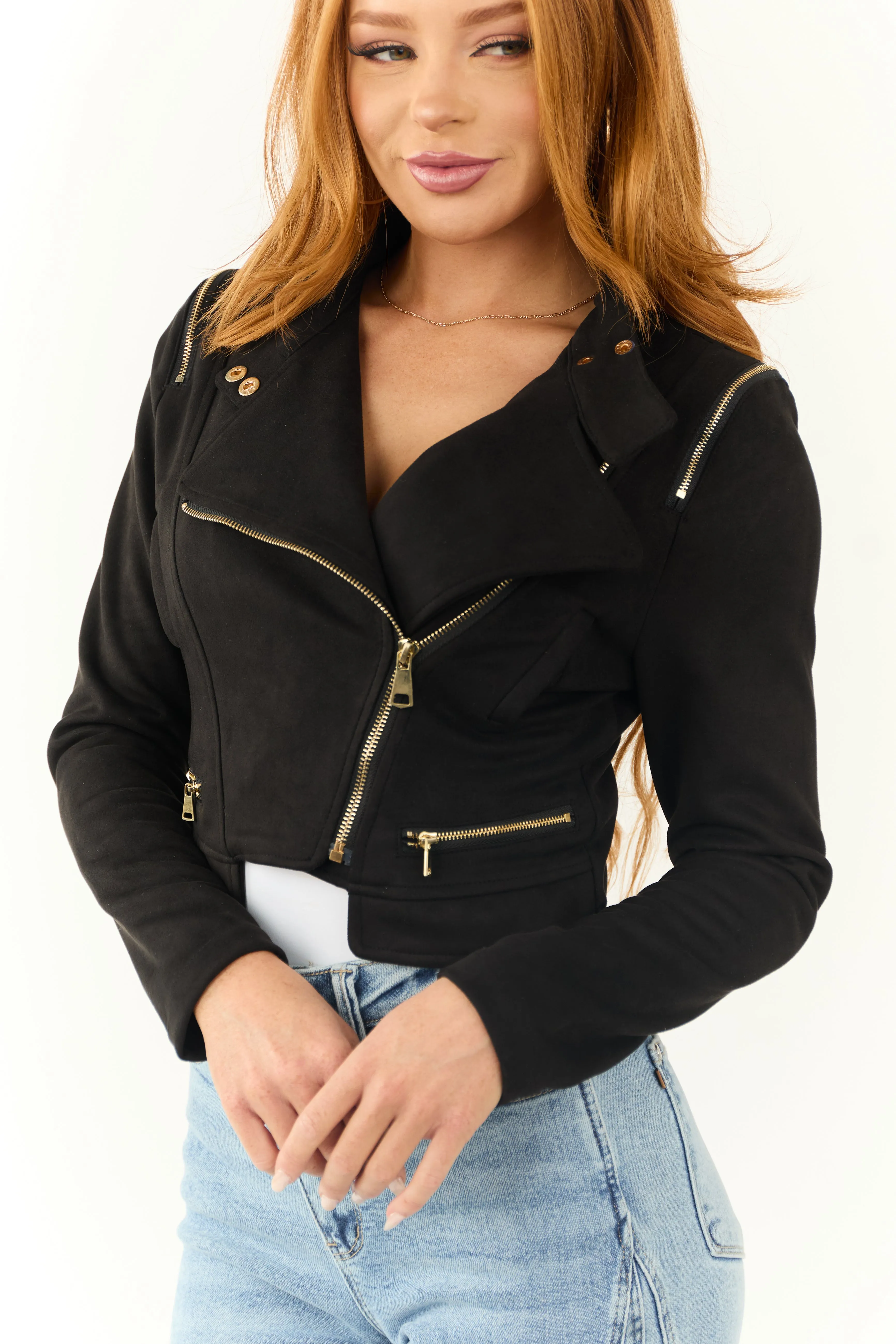 Black Faux Suede Zipper Detail Biker Jacket