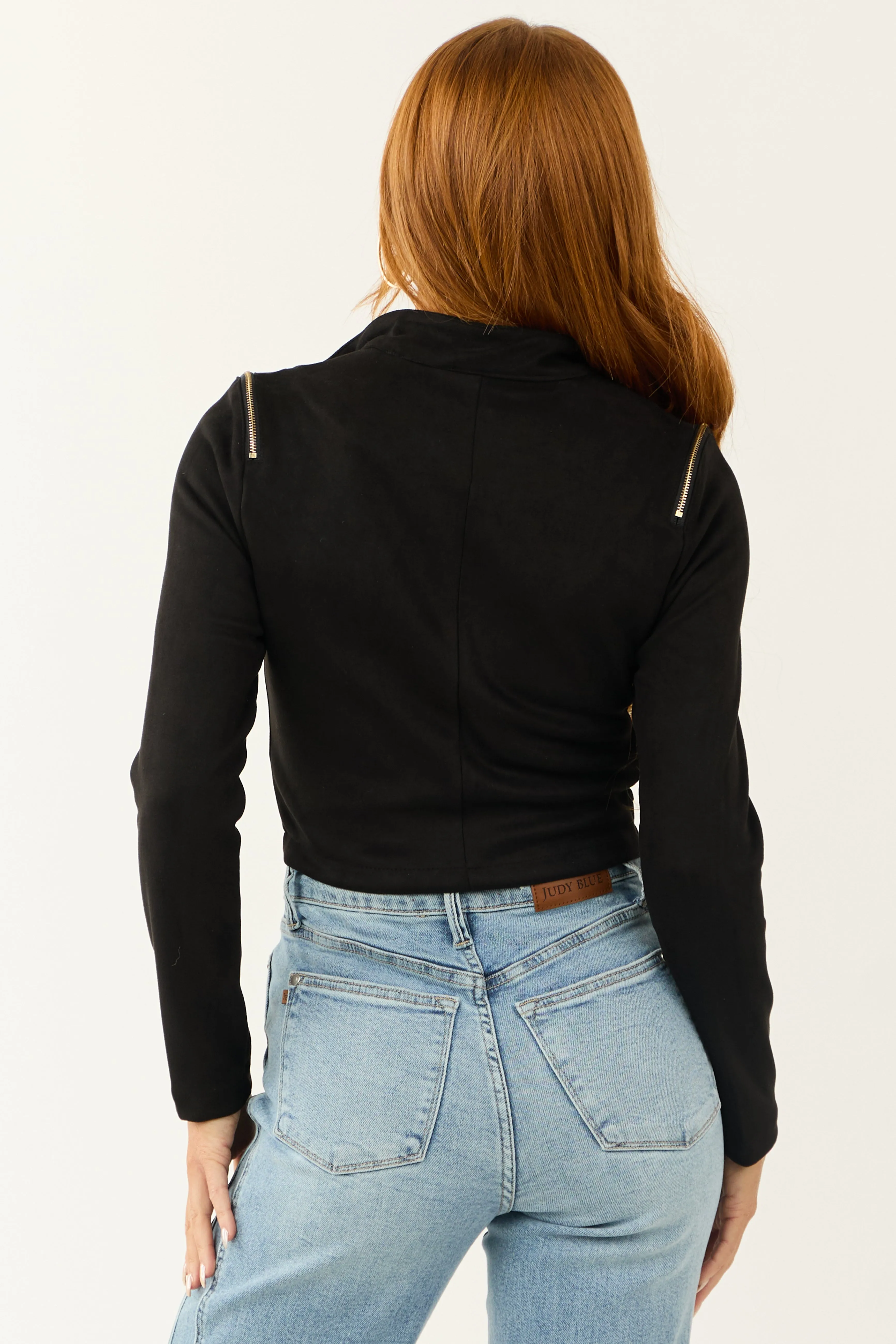 Black Faux Suede Zipper Detail Biker Jacket