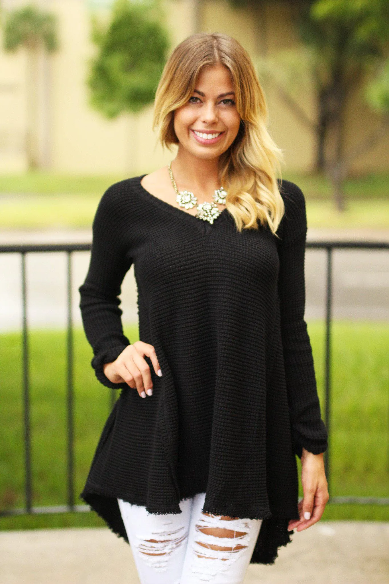 Black Knit V-Neck Tunic Sweater