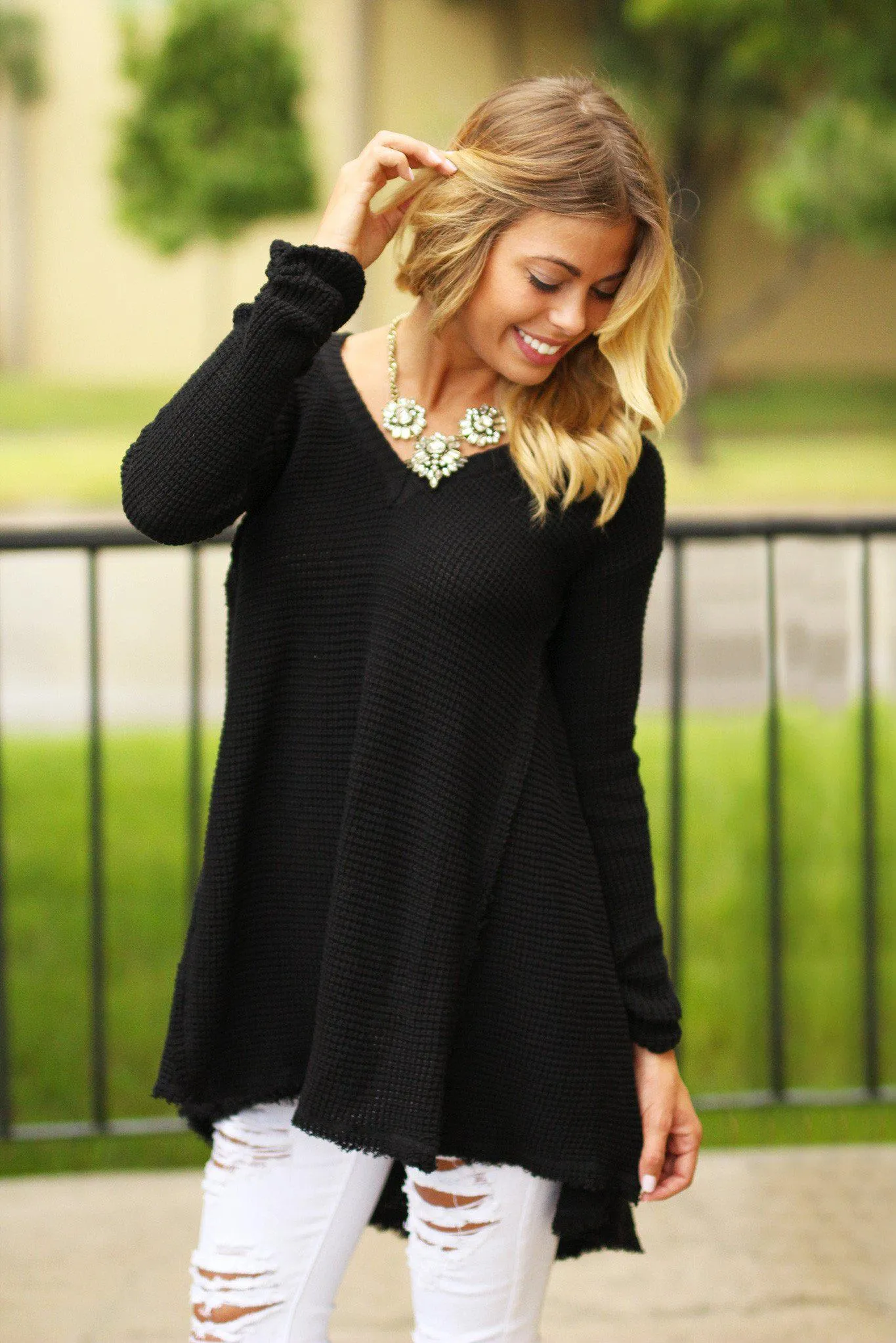 Black Knit V-Neck Tunic Sweater