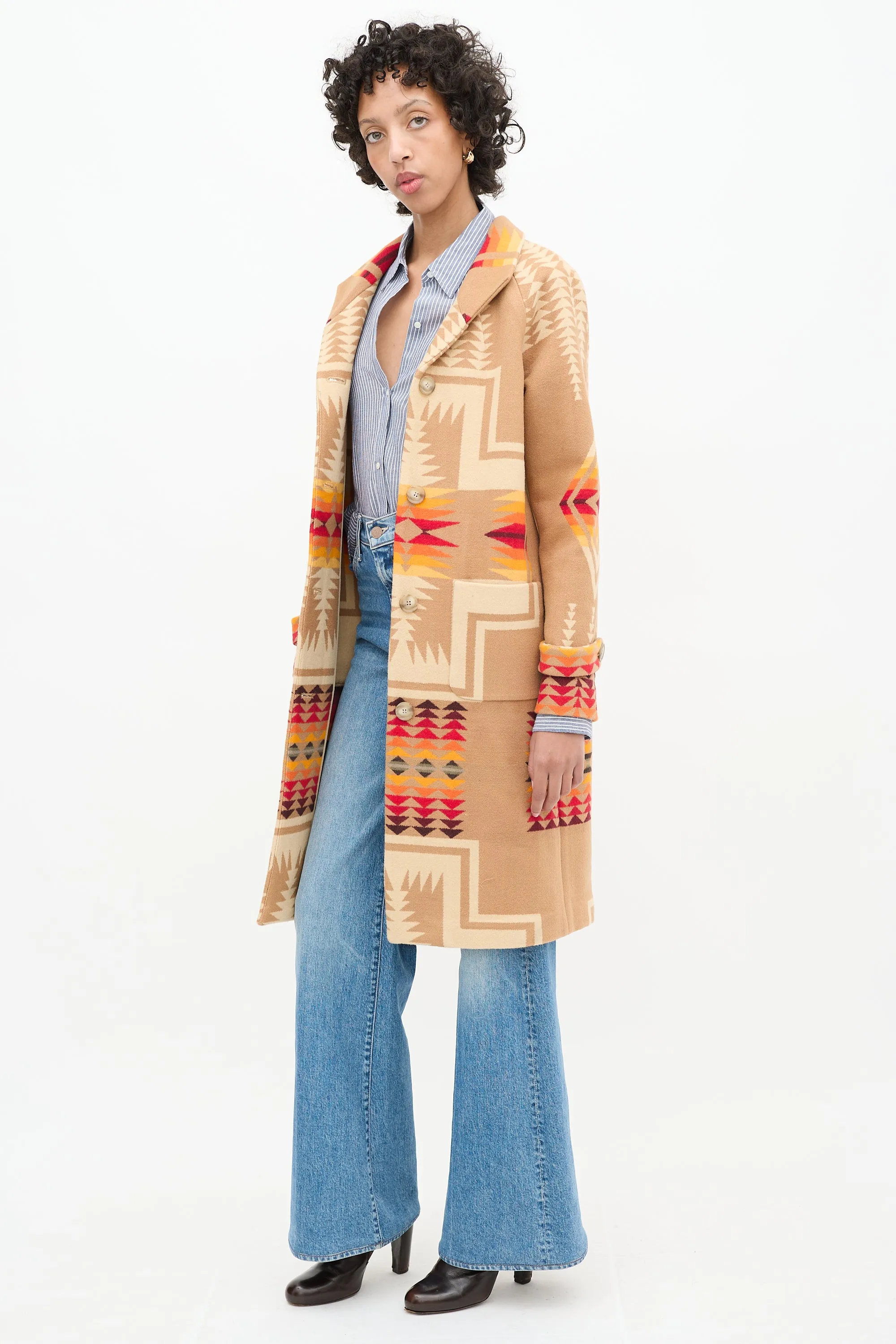 Brown & Multi Wool Geometric Long Coat