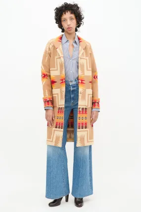 Brown & Multi Wool Geometric Long Coat