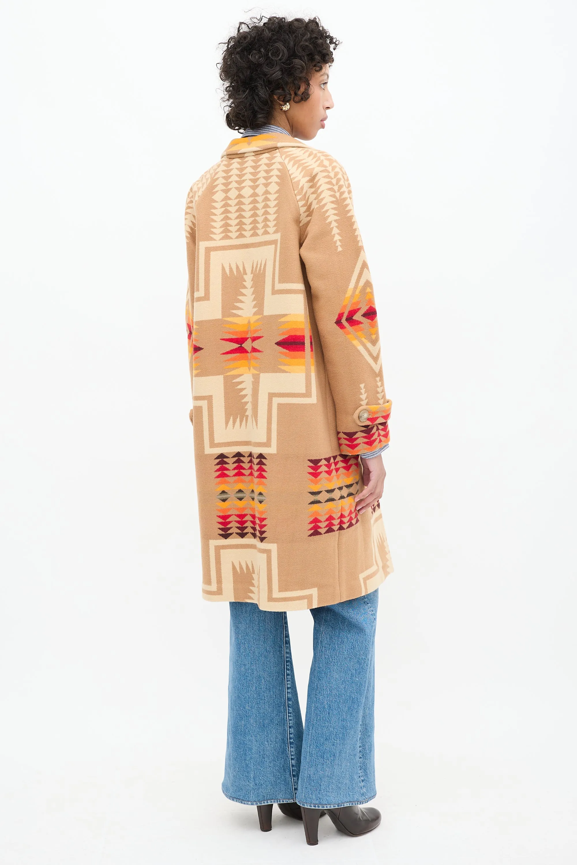 Brown & Multi Wool Geometric Long Coat