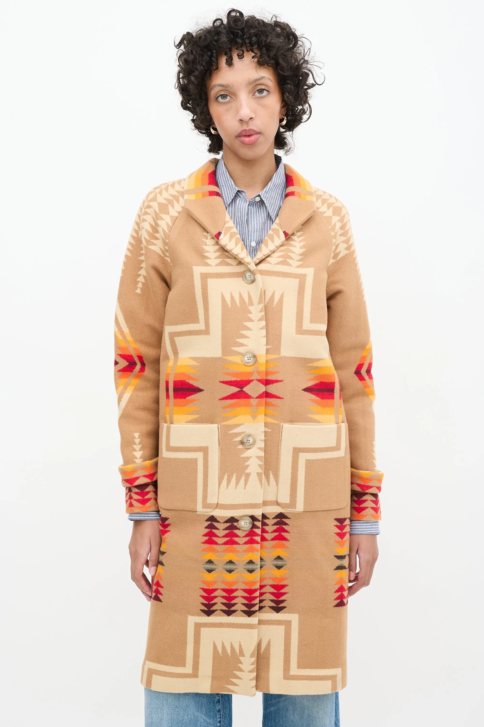 Brown & Multi Wool Geometric Long Coat