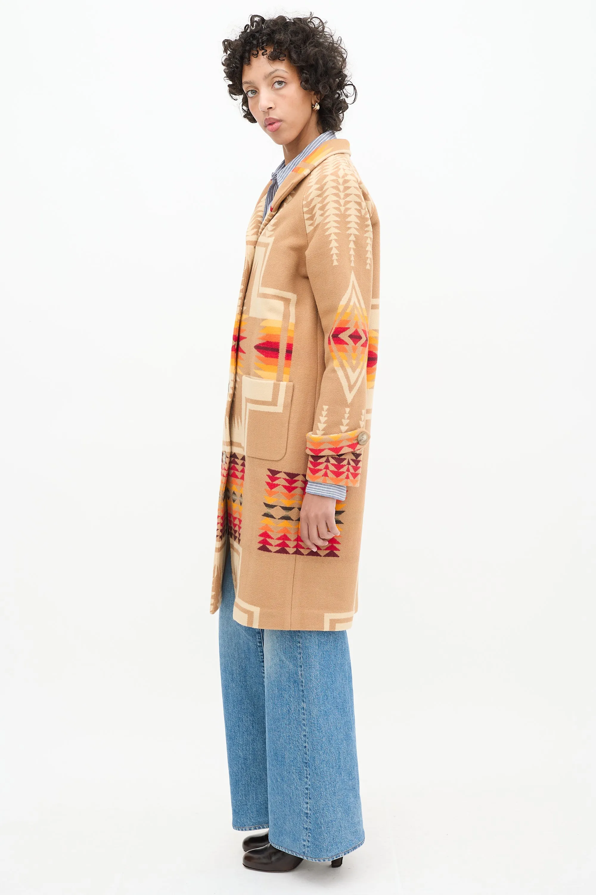 Brown & Multi Wool Geometric Long Coat