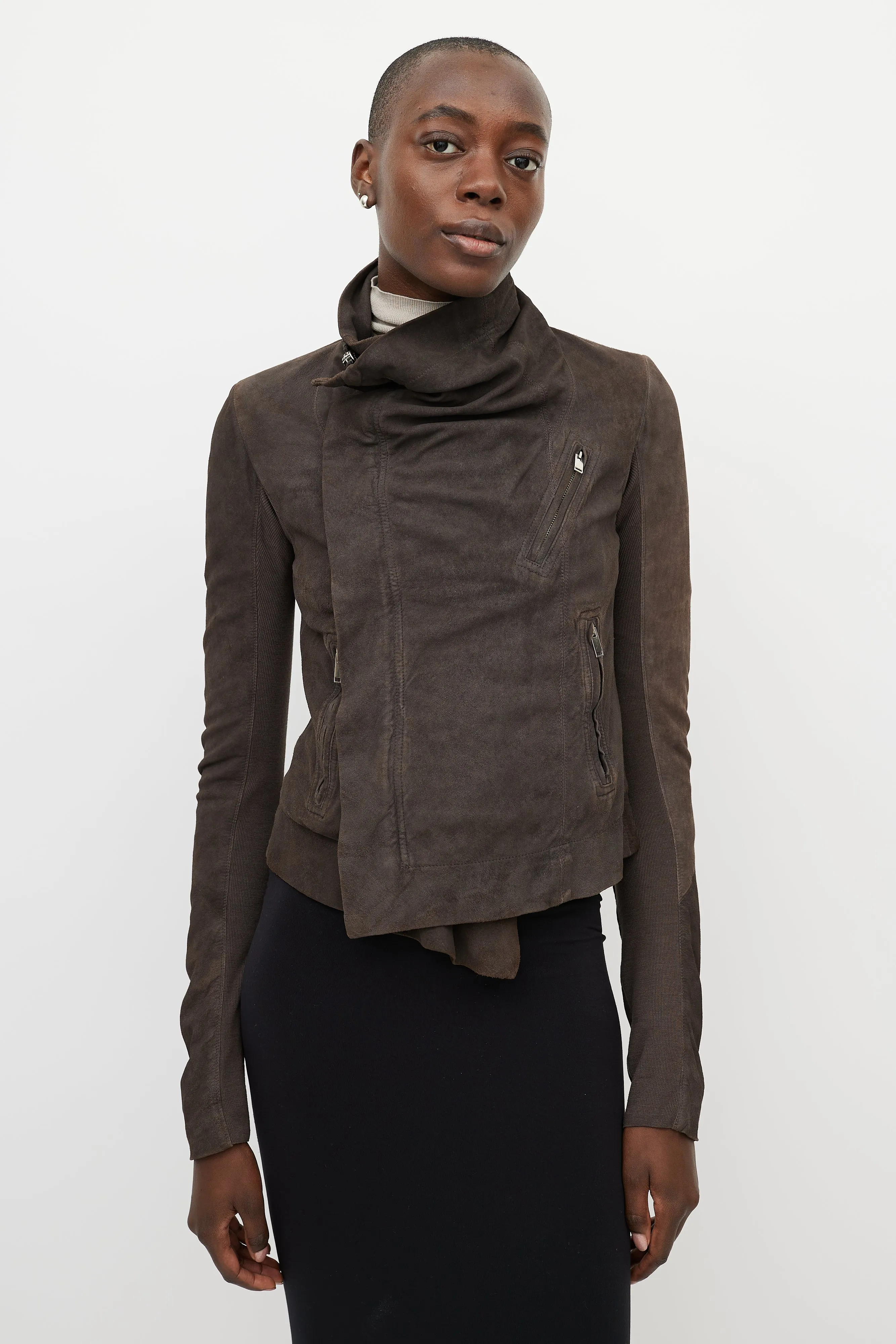 Brown Suede Draped Funnel Collar Jacket