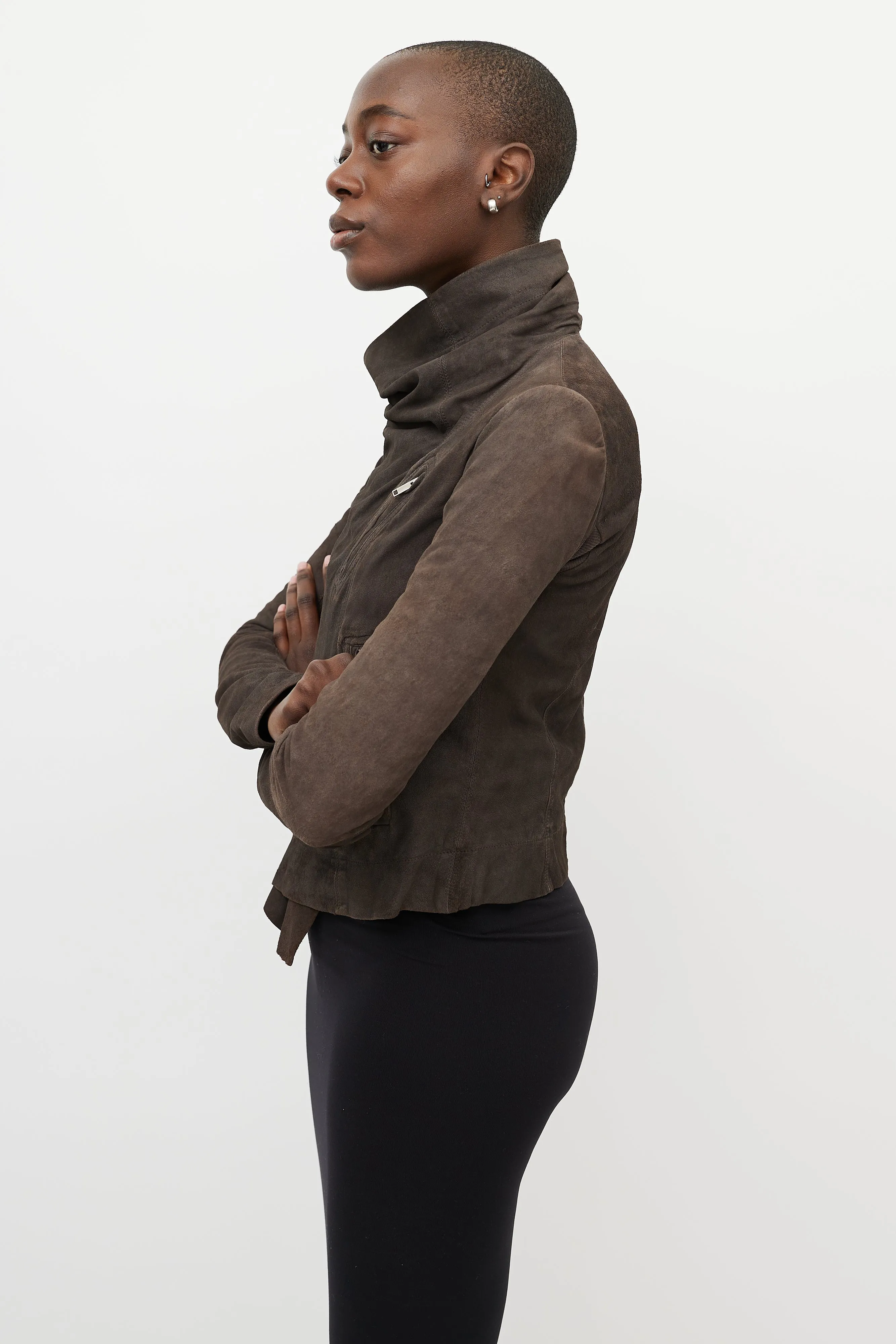 Brown Suede Draped Funnel Collar Jacket