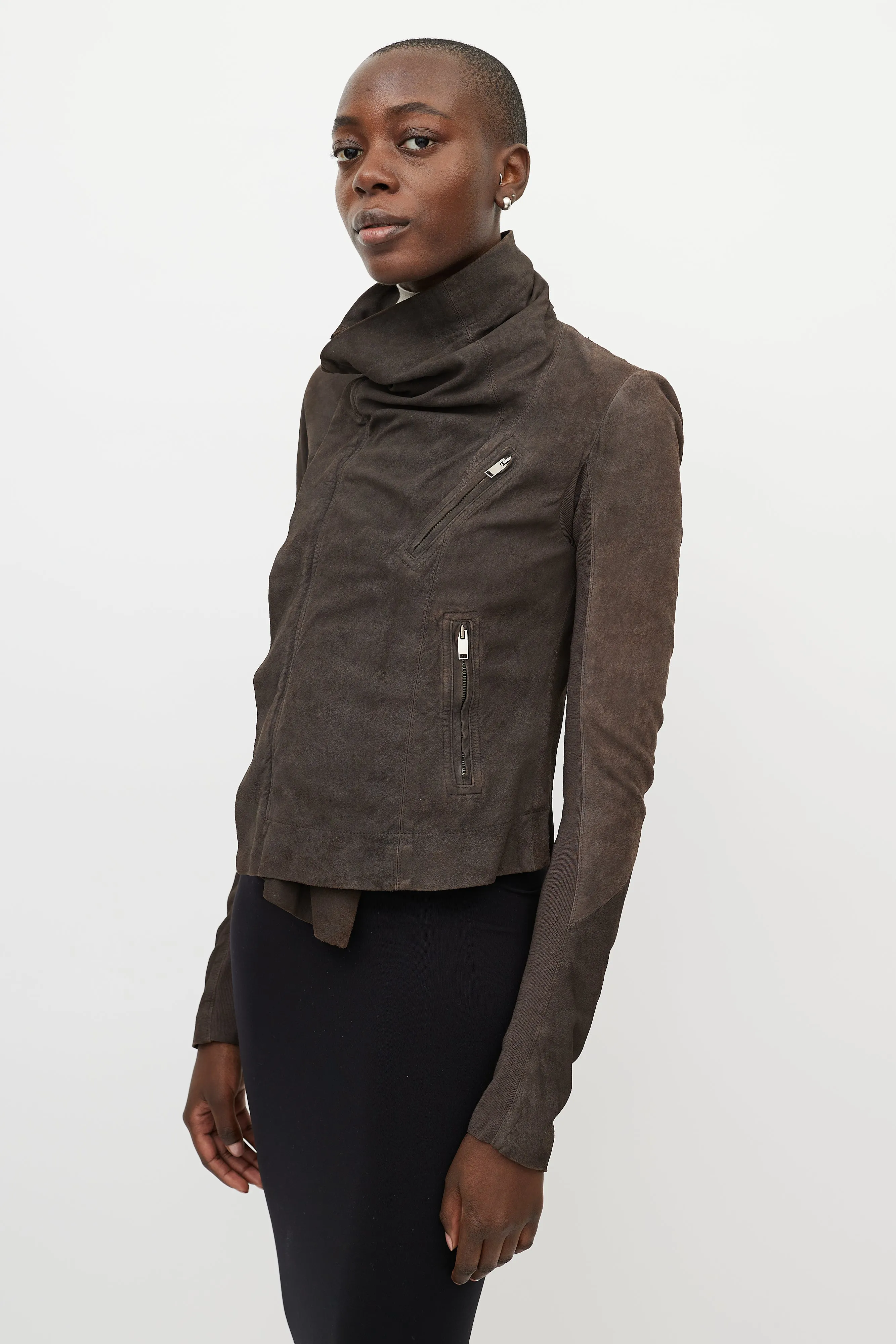 Brown Suede Draped Funnel Collar Jacket