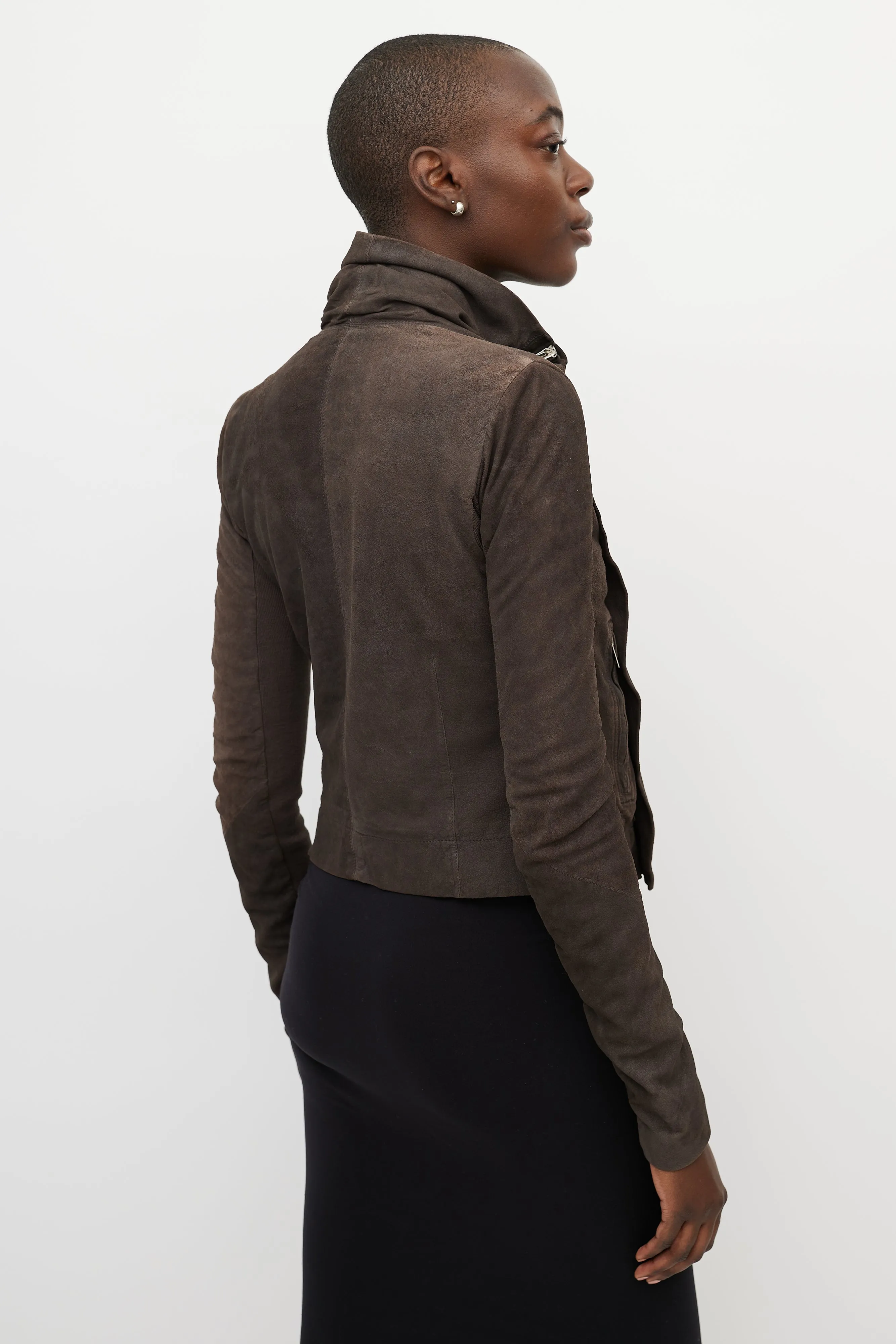 Brown Suede Draped Funnel Collar Jacket