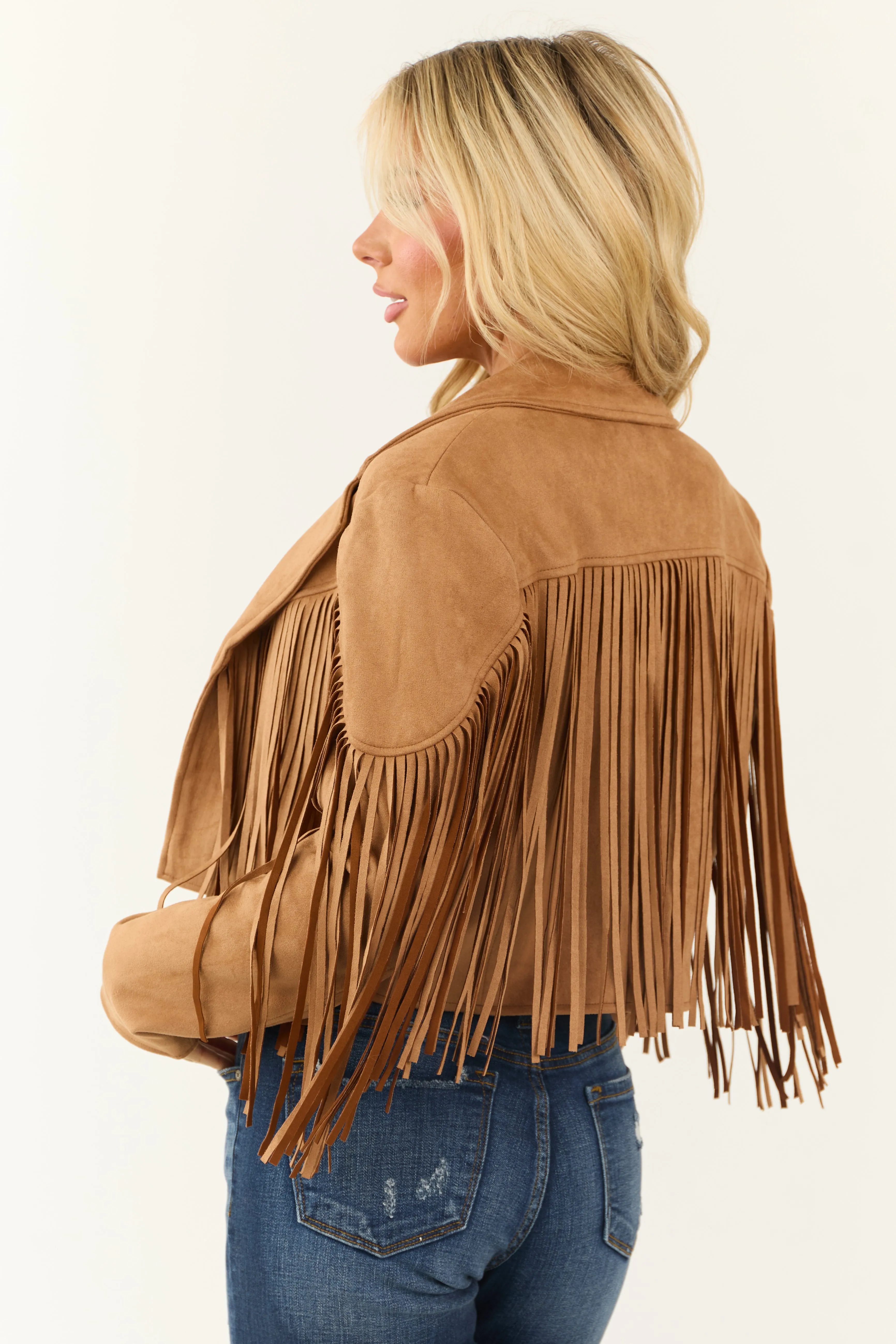 Brown Sugar Open Front Fringe Faux Suede Jacket