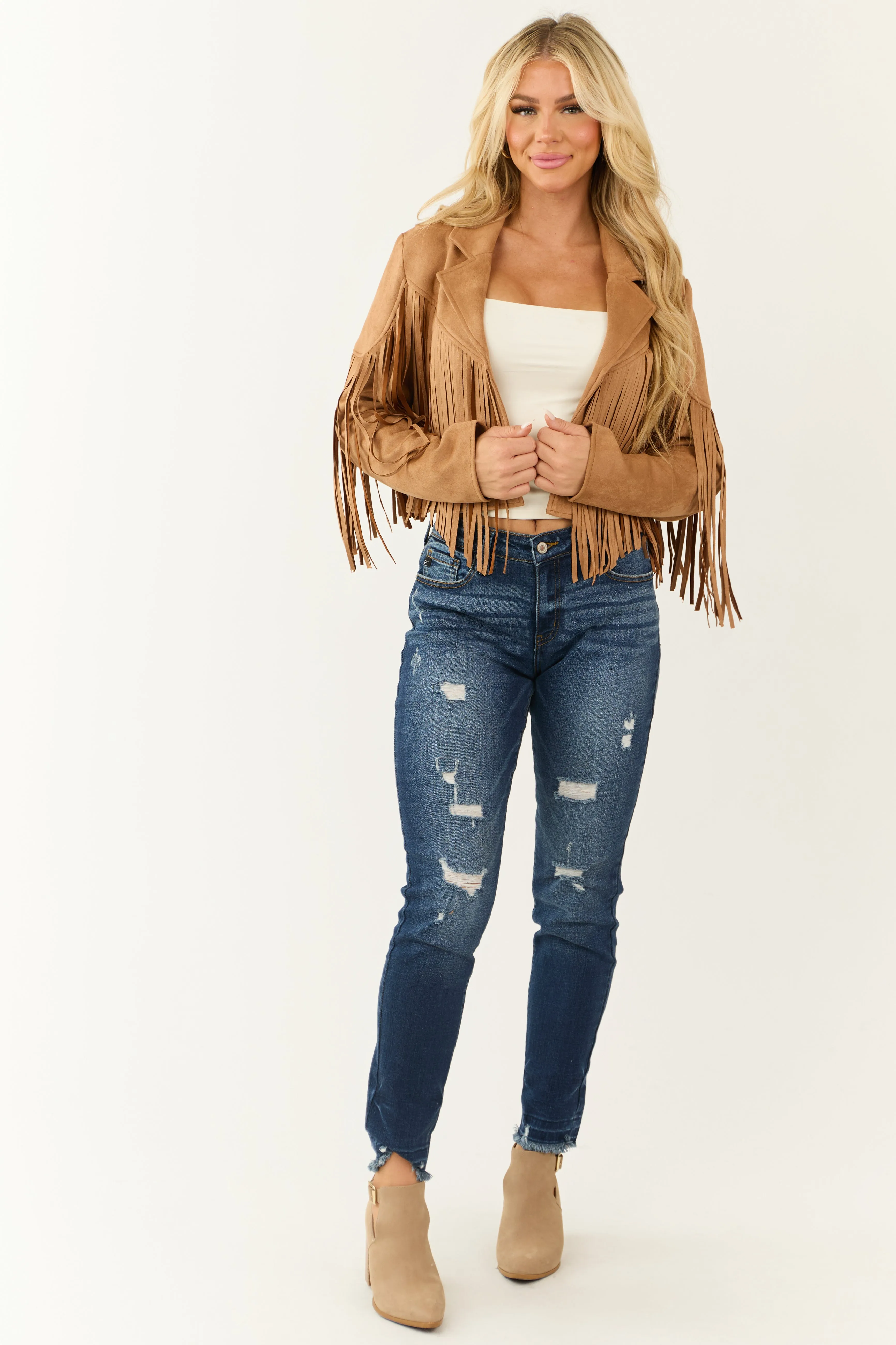 Brown Sugar Open Front Fringe Faux Suede Jacket