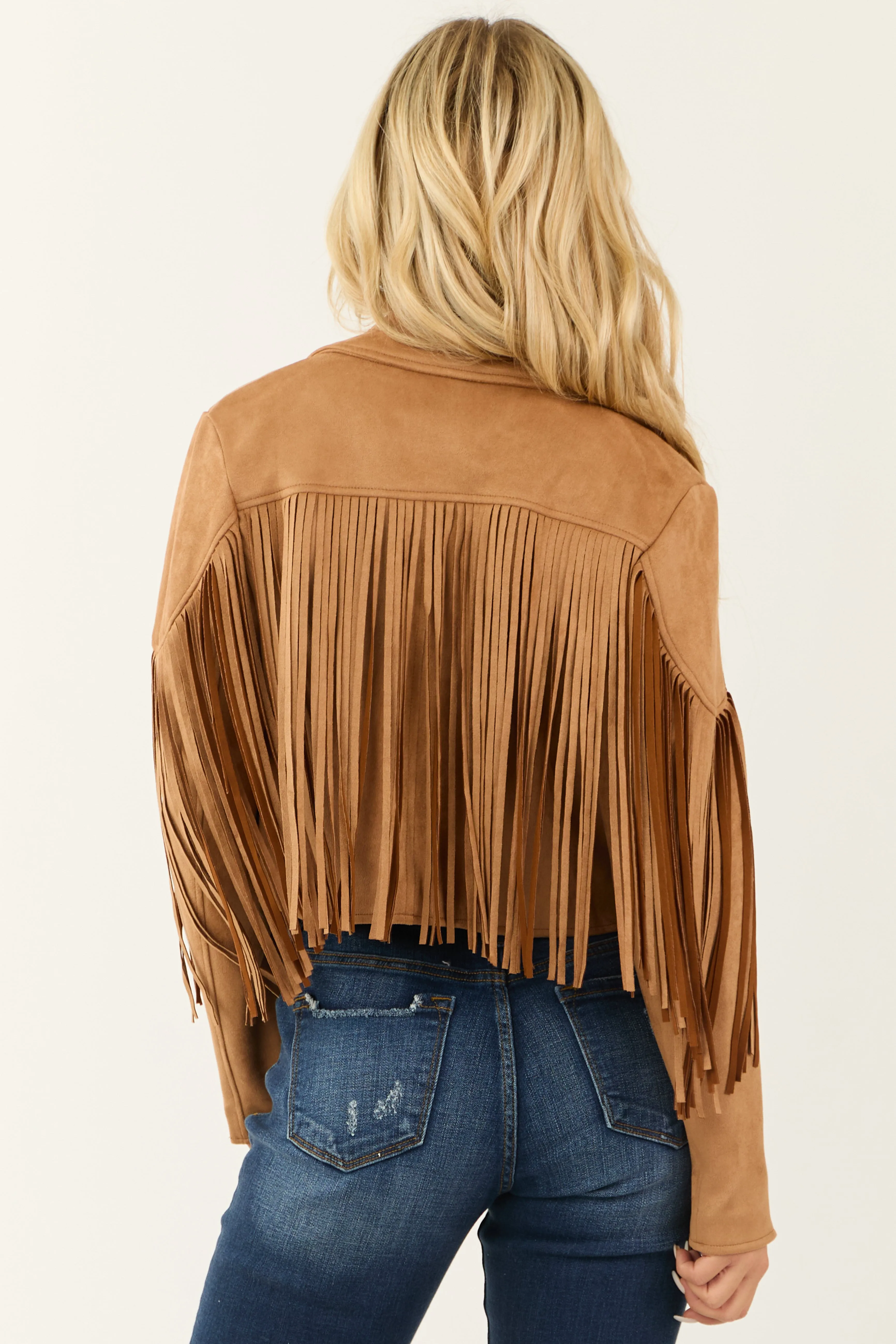 Brown Sugar Open Front Fringe Faux Suede Jacket