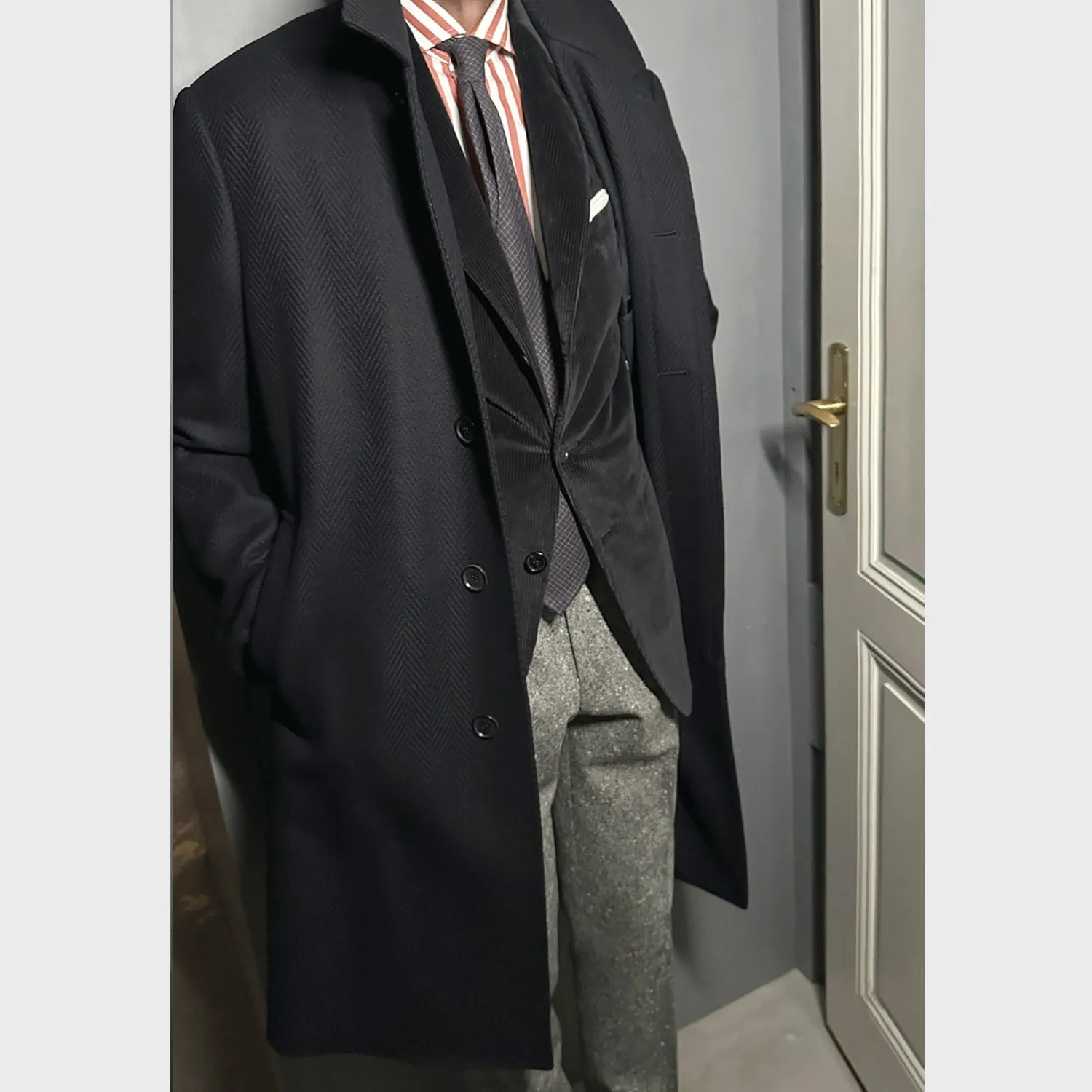 Caruso Blue Herringbone Wool Cashmere Tailoring Coat